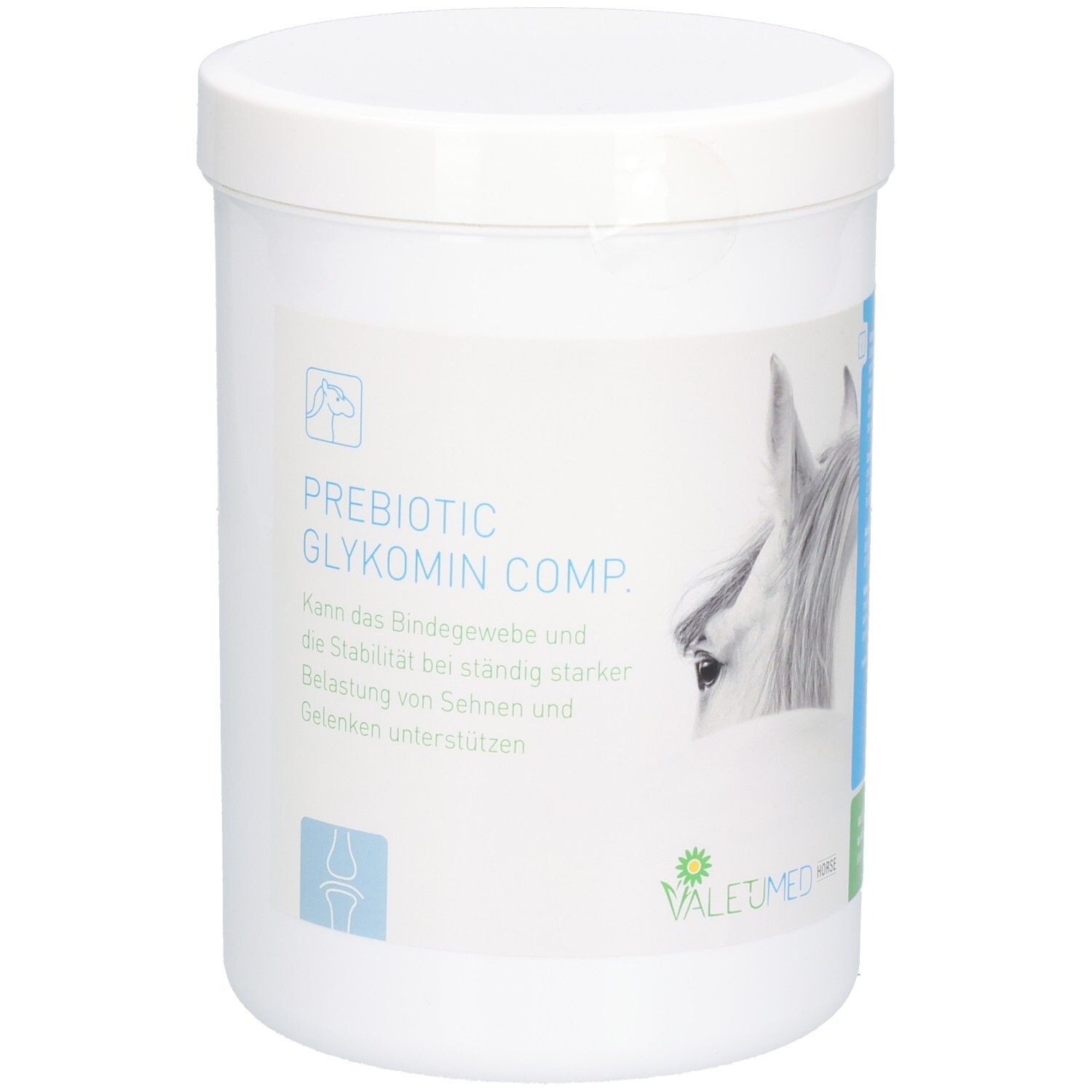 Weißer Behälter mit Deckel. Aufschrift: PREBIOTIC GLYKOMIN COMP. VALETUMED Logo. Abbildung eines Pferdekopfes.