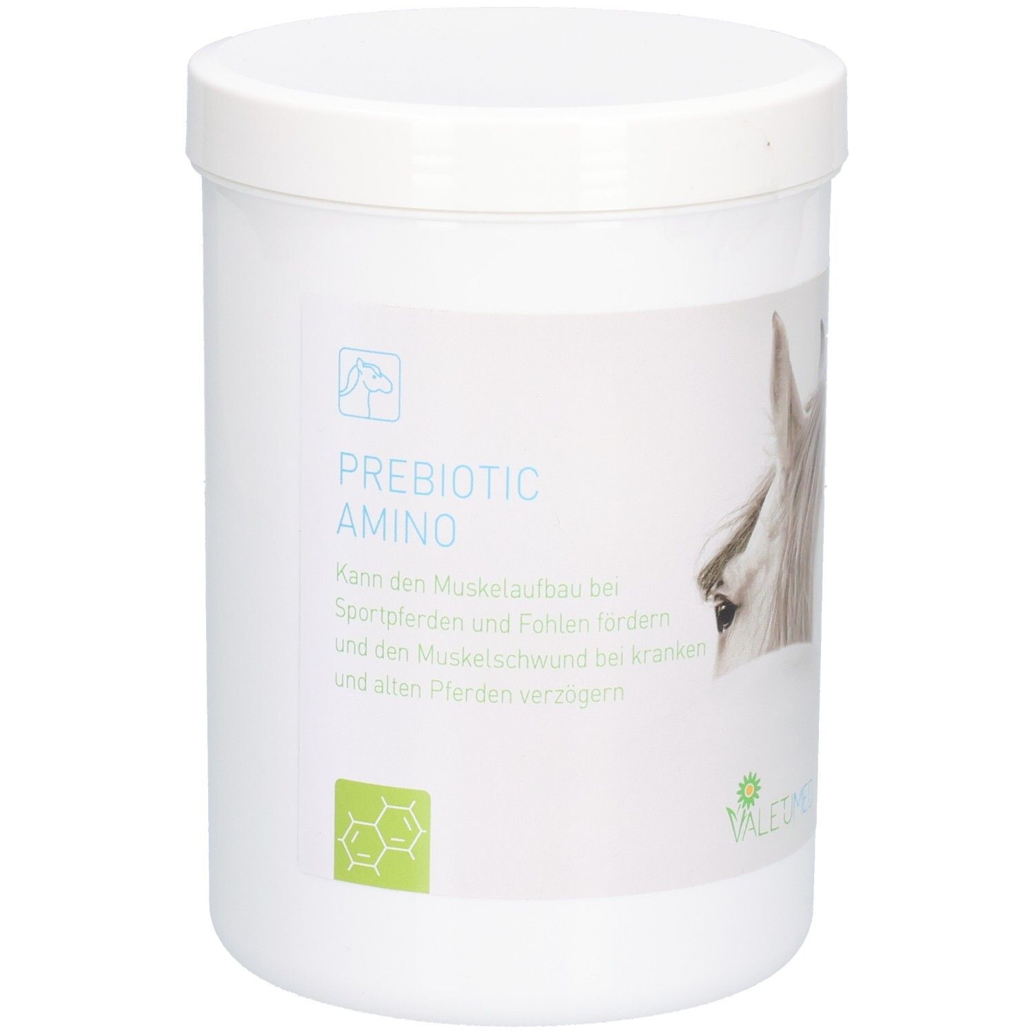 Weißer Behälter mit Deckel. Aufschrift: PREBIOTIC AMINO. Logo mit Pferdekopf. VALETUMED-Logo. Text in deutscher Sprache.