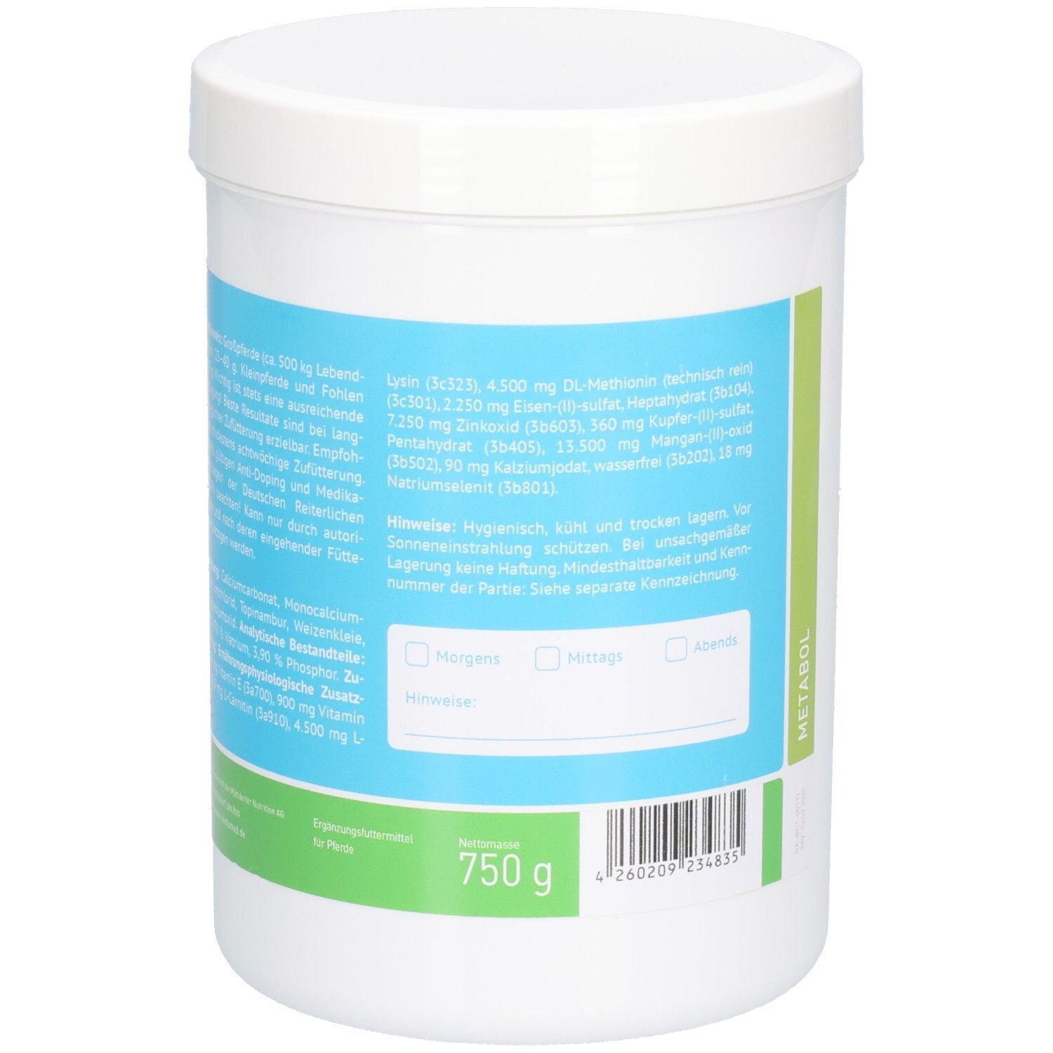 Weißer Behälter mit Deckel. Aufkleber mit Text und Barcode. Text in deutscher Sprache. Gewicht: 750 g.