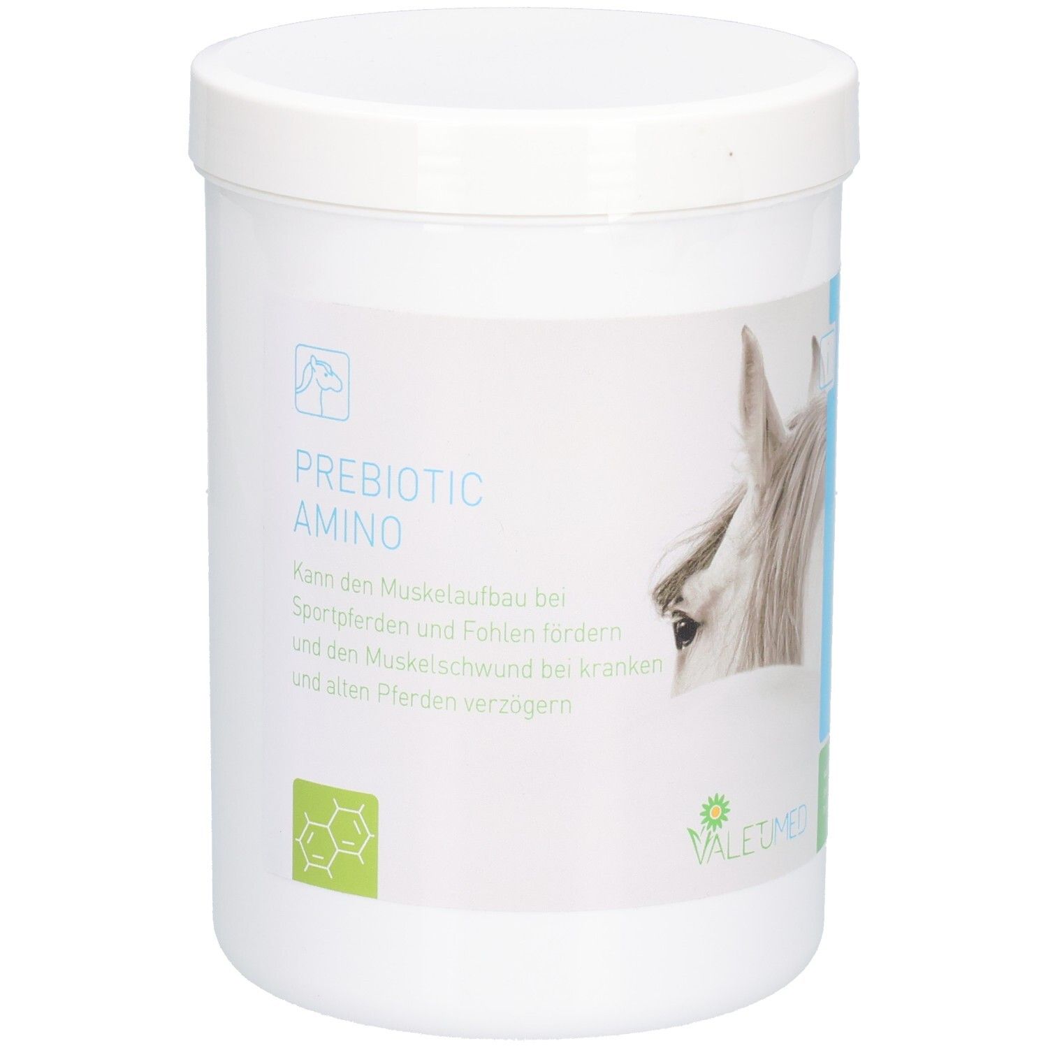 Weißer Behälter mit Deckel. Aufschrift: PREBIOTIC AMINO. Logo mit Pferdekopf. VALETUMED-Logo. Text in deutscher Sprache.