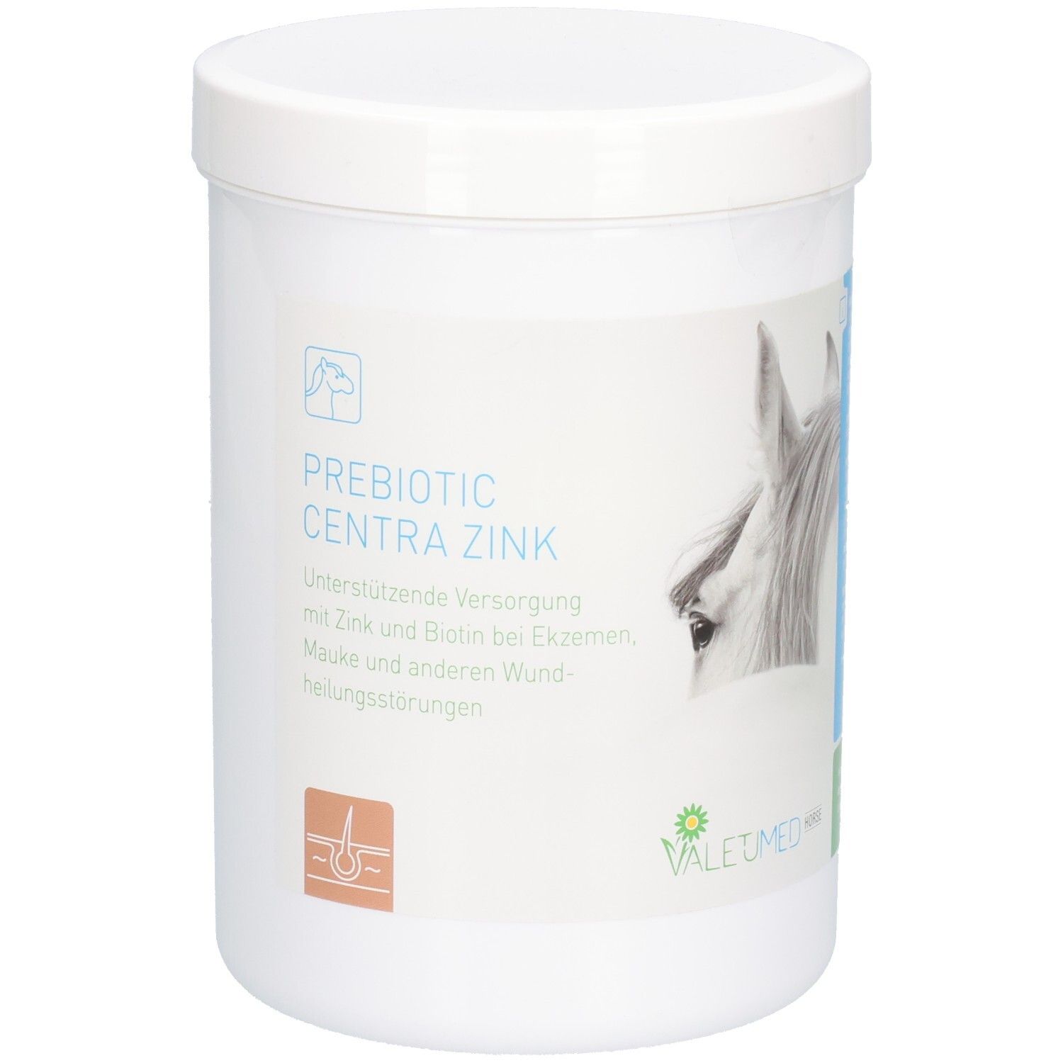 Weißer Behälter mit Deckel. Aufschrift: PREBIOTIC CENTRA ZINK. VALETUMED Logo. Abbildung eines Pferdekopfes.