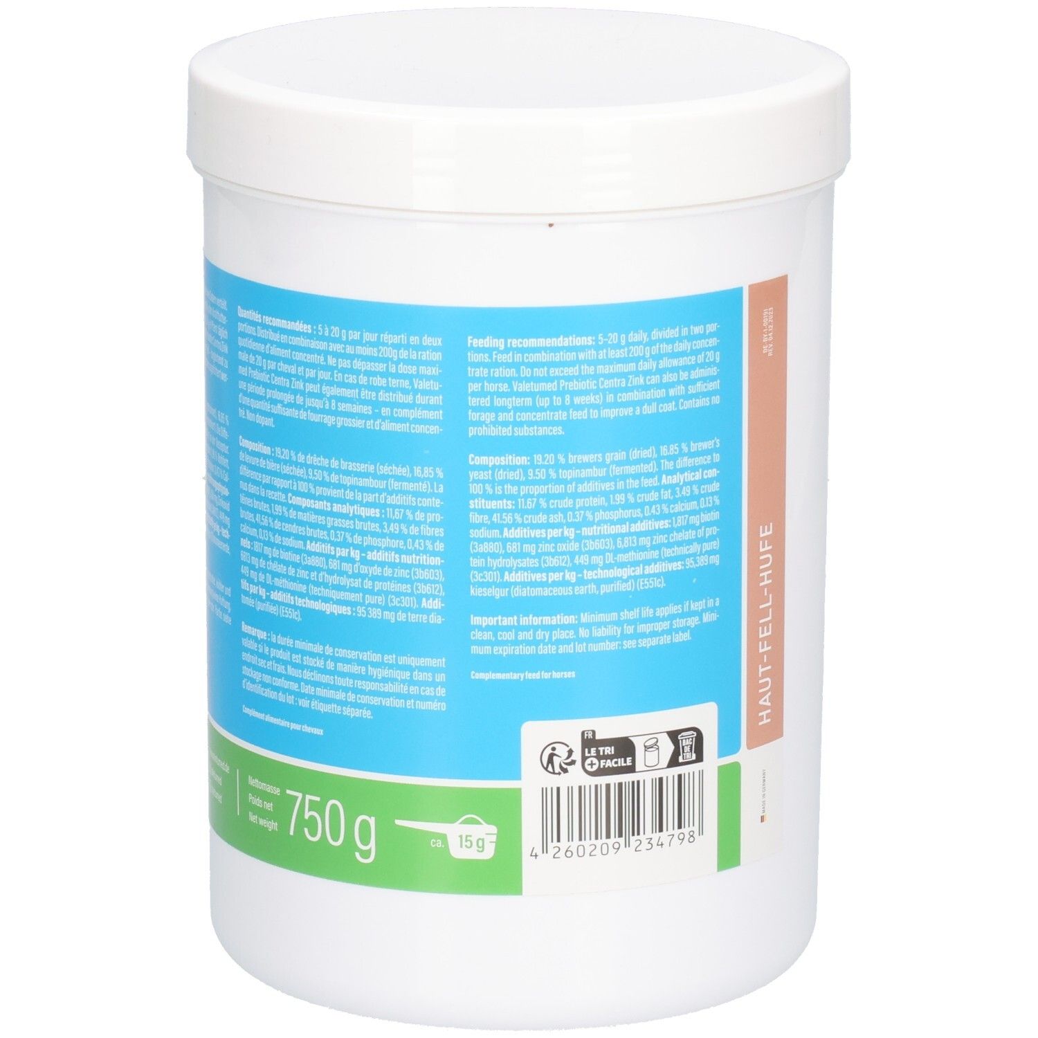 Weißer Behälter mit Deckel. Aufschrift: 750 g. Etikett mit Text und Barcode. Inklusive Messlöffel.