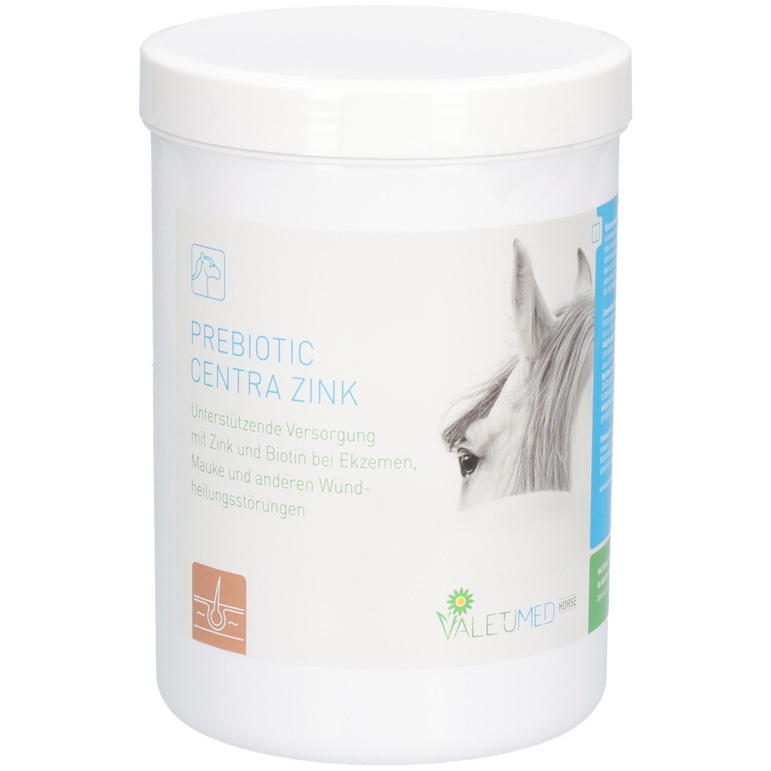 Weißer Behälter mit Deckel. Aufschrift: PREBIOTIC CENTRA ZINK. VALETUMED Logo. Abbildung eines Pferdekopfes.