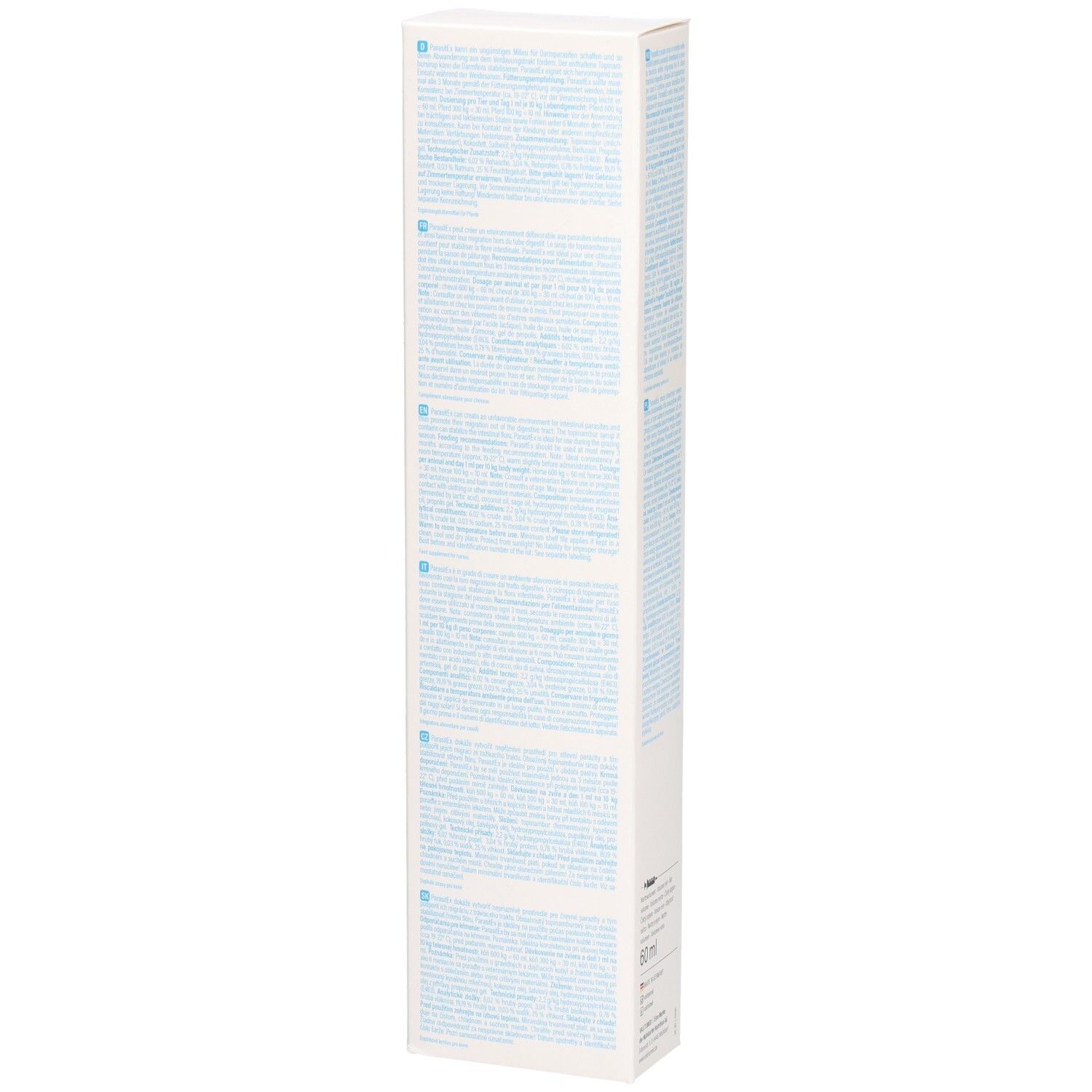 Lange, schmale weiße Schachtel mit blauem Text auf allen Seiten. Enthält Produktinformationen.