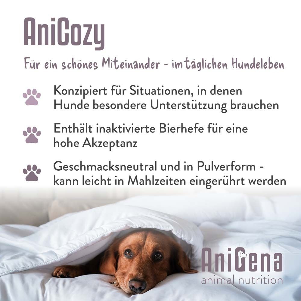 Text auf lila Hintergrund. Text: AniCozy, für ein schönes Miteinander. Illustrationen von Pfoten. Text: Enthält Bierhefe, geschmacksneutral.