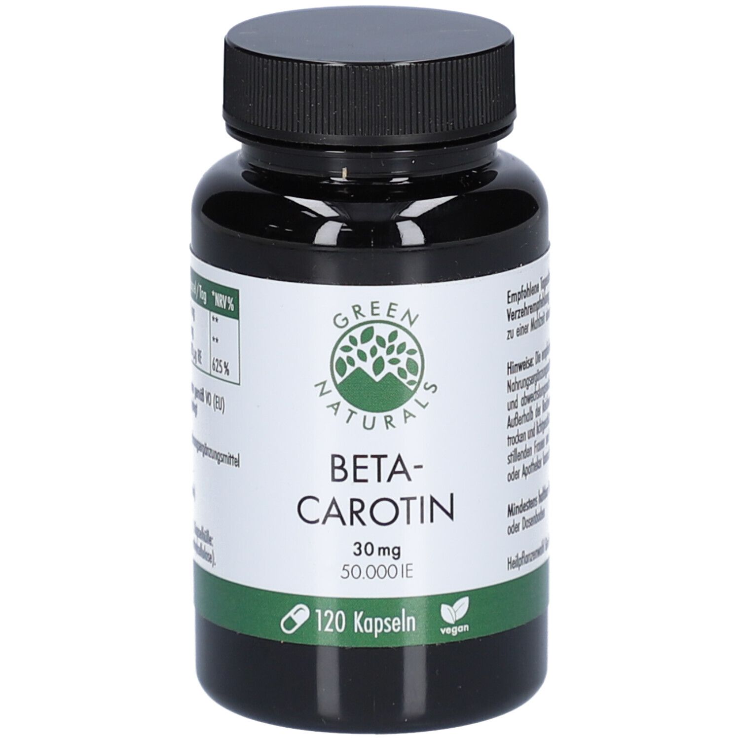 Dunkle Flasche mit schwarzem Deckel. Etikett mit "GREEN NATURALS Beta-Carotin 30mg 50.000 I.E. vegan". 120 Kapseln.