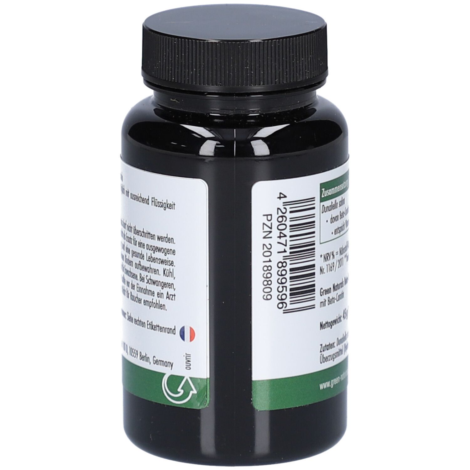 Dunkle Flasche mit schwarzem Deckel. Etikett mit Barcode und Herstellerinformationen. Text in Deutsch.