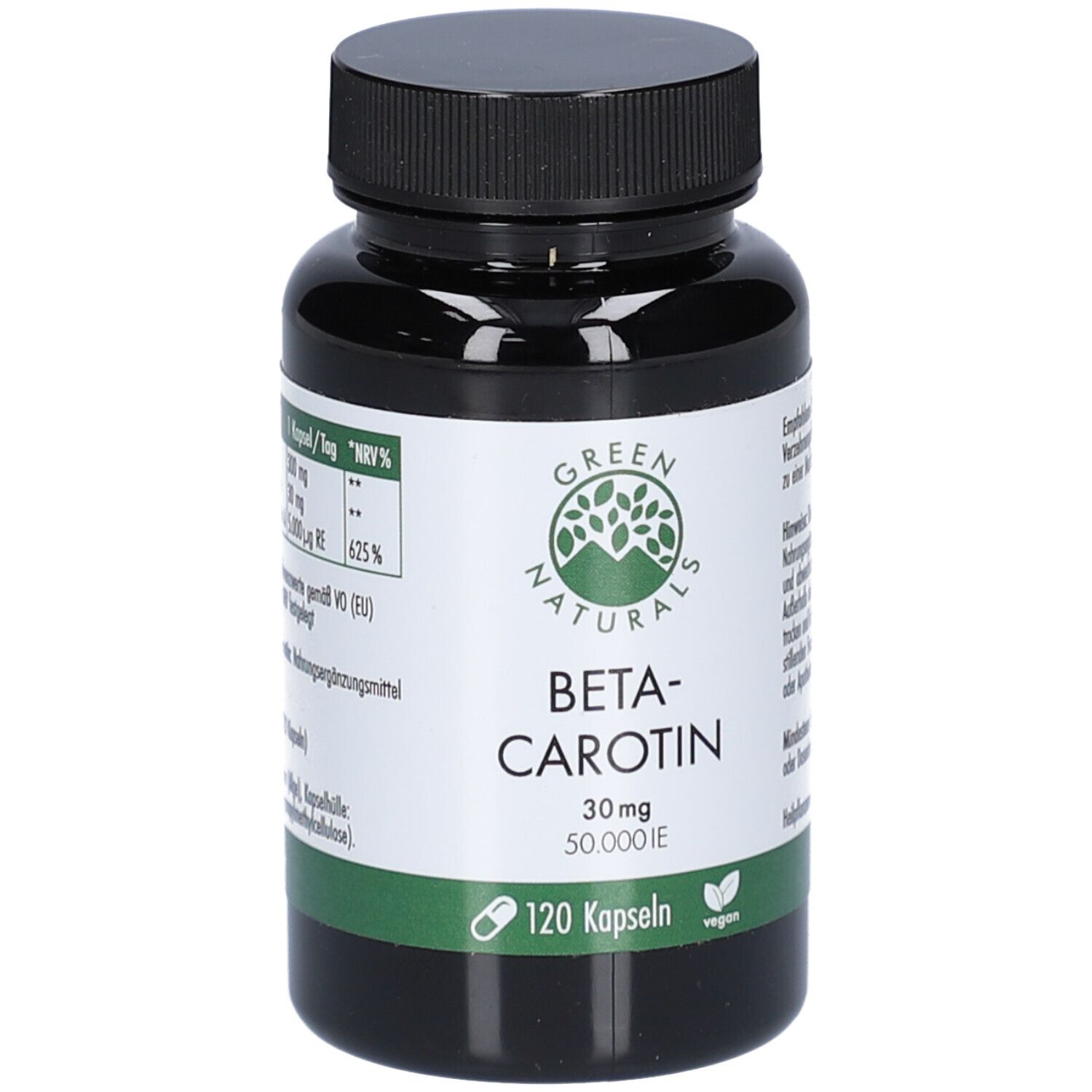 Dunkle Flasche mit schwarzem Deckel. Etikett mit "GREEN NATURALS Beta-Carotin 30mg 50.000 I.E. vegan". 120 Kapseln.
