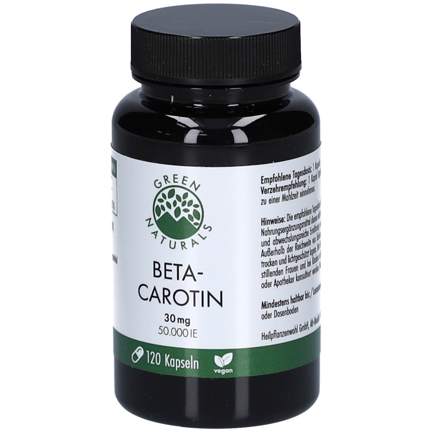 Dunkle Flasche mit schwarzem Deckel. Etikett mit "GREEN NATURALS Beta-Carotin 30mg 50.000 I.E. vegan". 120 Kapseln.