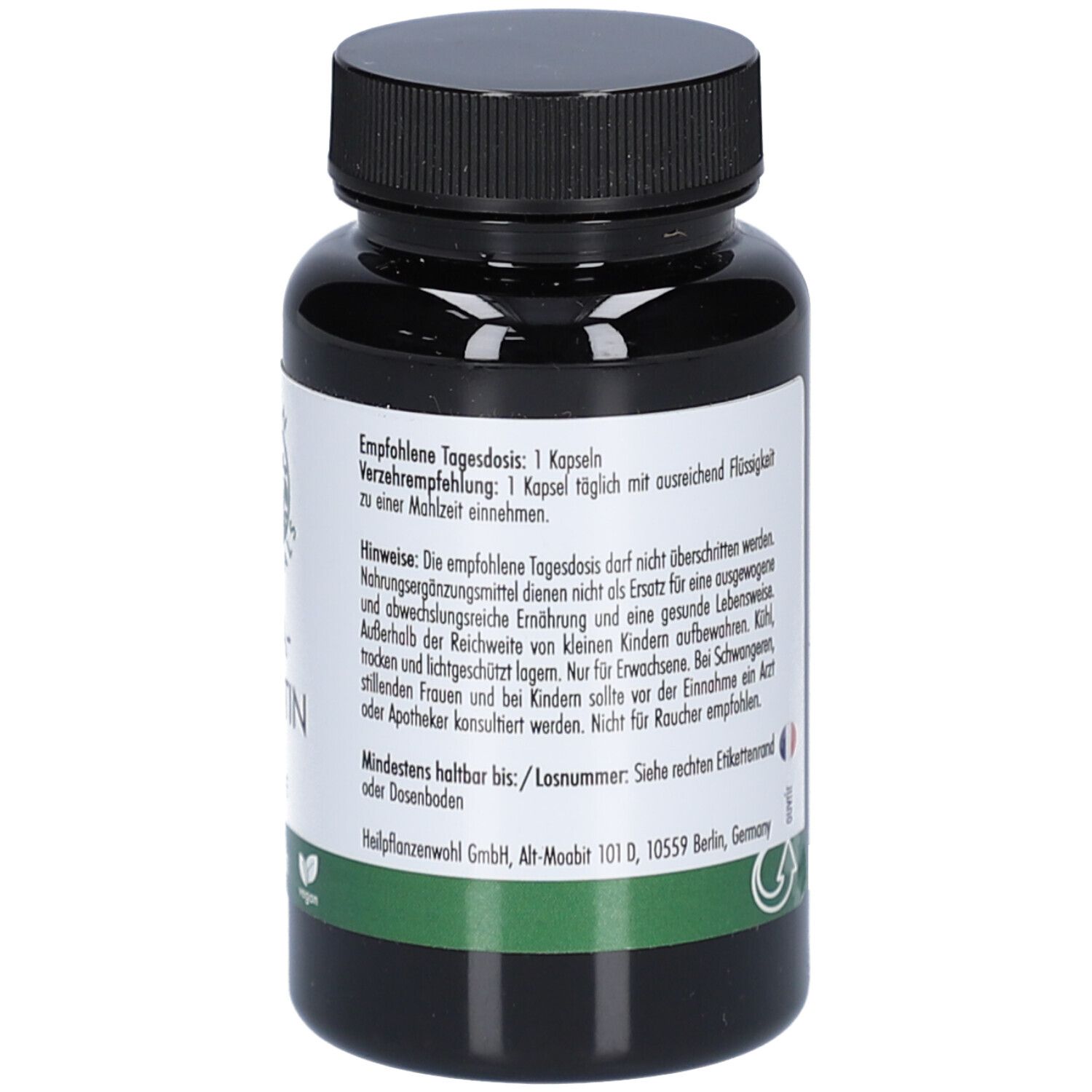 Rückseite der Flasche. Etikett mit Dosierungshinweisen und Warnhinweisen. Text in Deutsch.