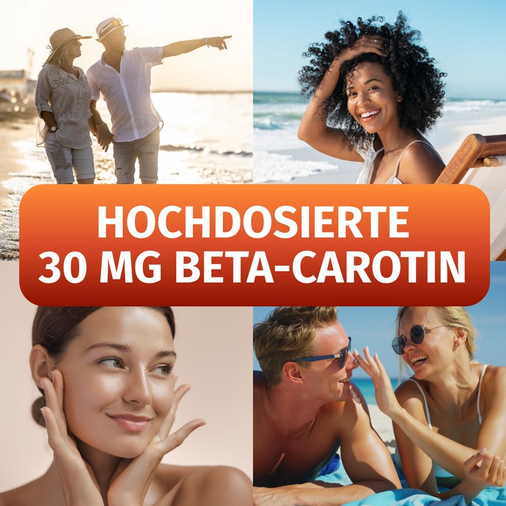 Collage mit Menschen am Strand. Text: HOCHDOSIERTE 30 MG BETA-CAROTIN. Vier Bilder von Menschen im Freien.