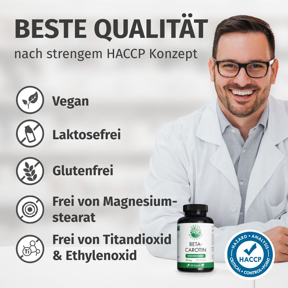 Mann mit Brille und Arztkittel. Text: BESTE QUALITÄT nach HACCP. Vegan, laktosefrei, glutenfrei, frei von Magnesiumstearat.