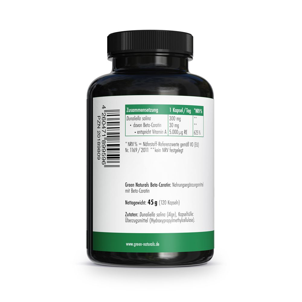 Rückseite der Flasche. Text: Zusammensetzung: Dunaliella salina, Beta-Carotin, Vitamin A. Nährwertangaben. 45 g (120 Kapseln).