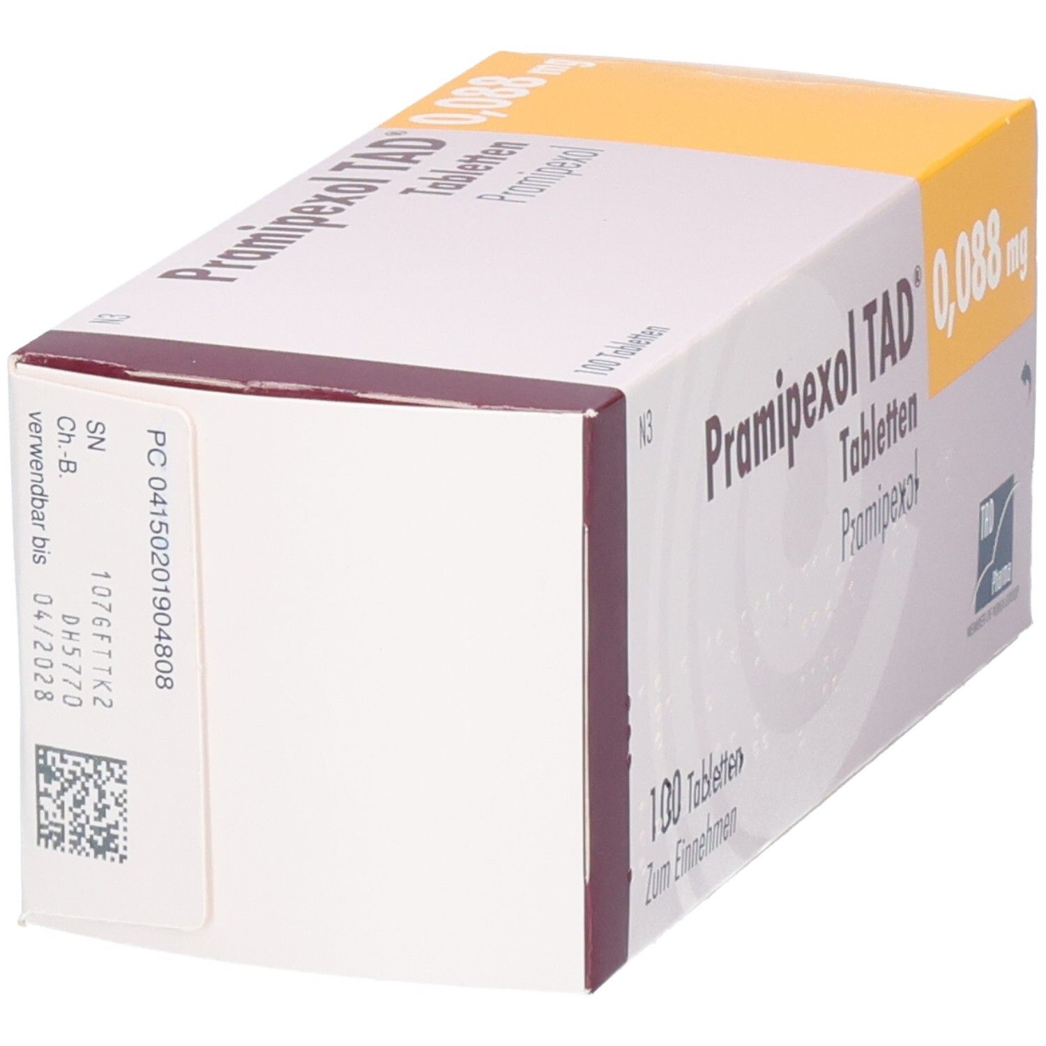 Pramipexol TAD 0,088 mg Tabletten, 100 Stück, Rückseite mit Chargennummer und Verfallsdatum.