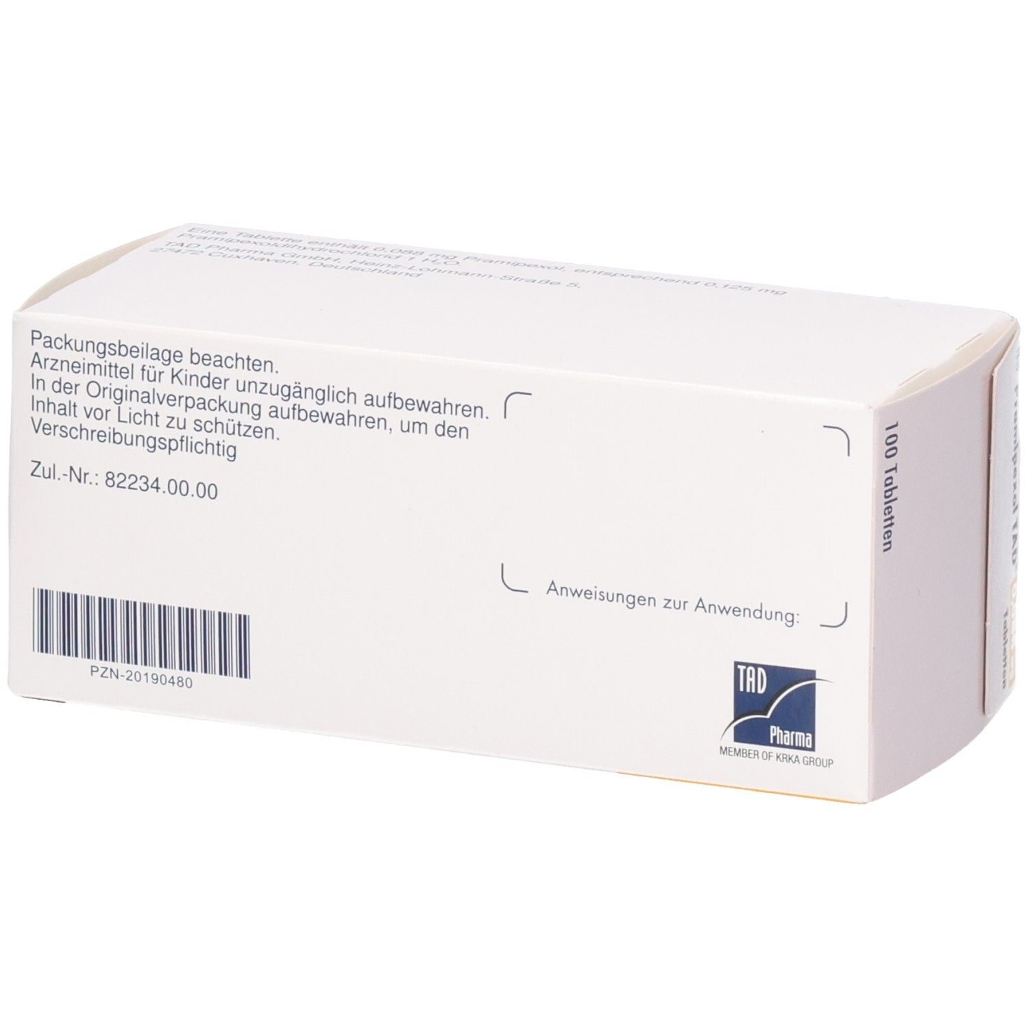 Pramipexol TAD 0,088 mg Tabletten, 100 Stück, Rückseite mit Zulassungsnummer und Barcode.