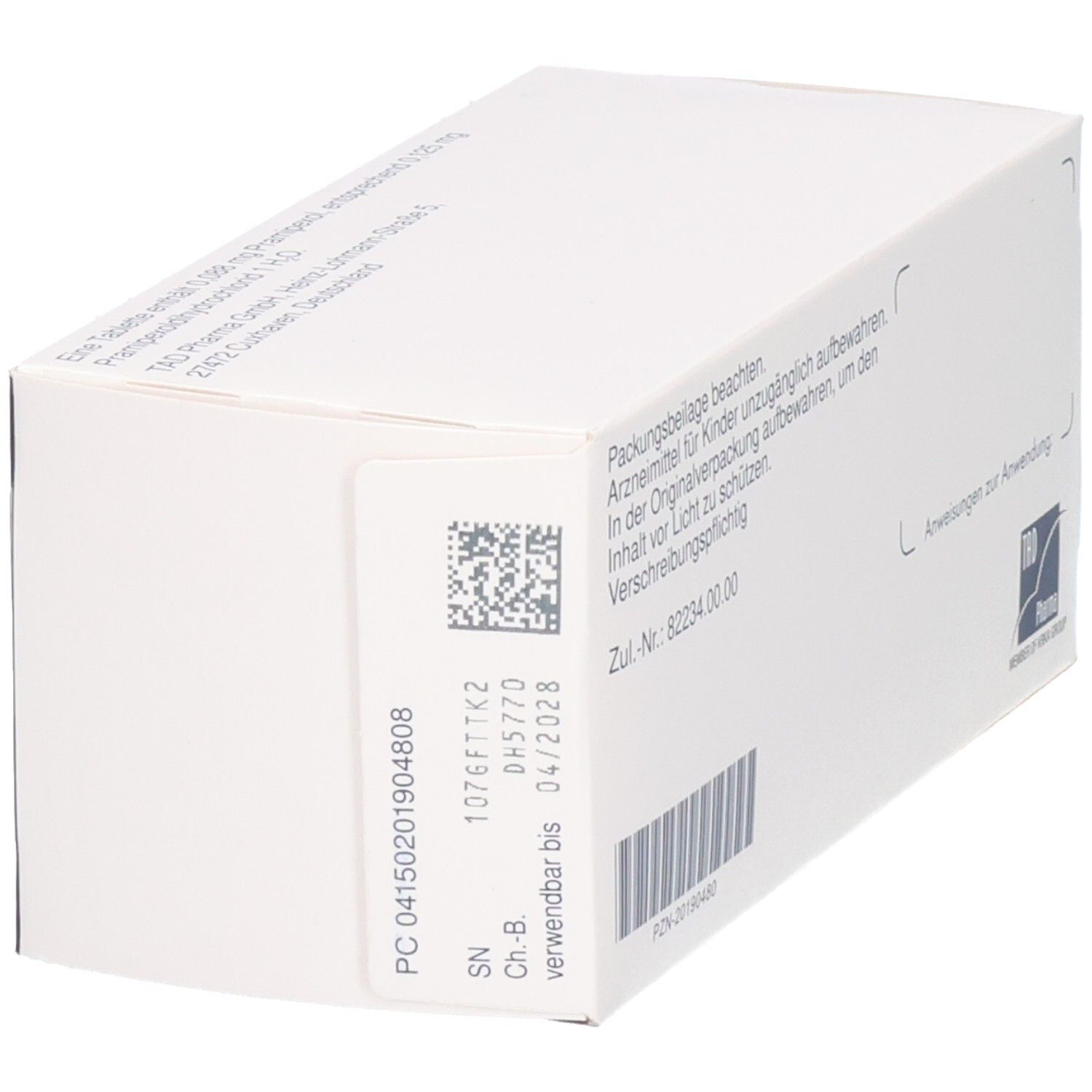 Pramipexol TAD 0,088 mg Tabletten, 100 Stück, Seite mit Chargennummer und Verfallsdatum.