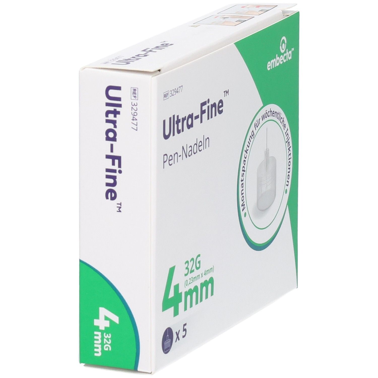 Verpackung für Ultra-Fine Pen-Nadeln, 32G, 4mm, 5 Stück.