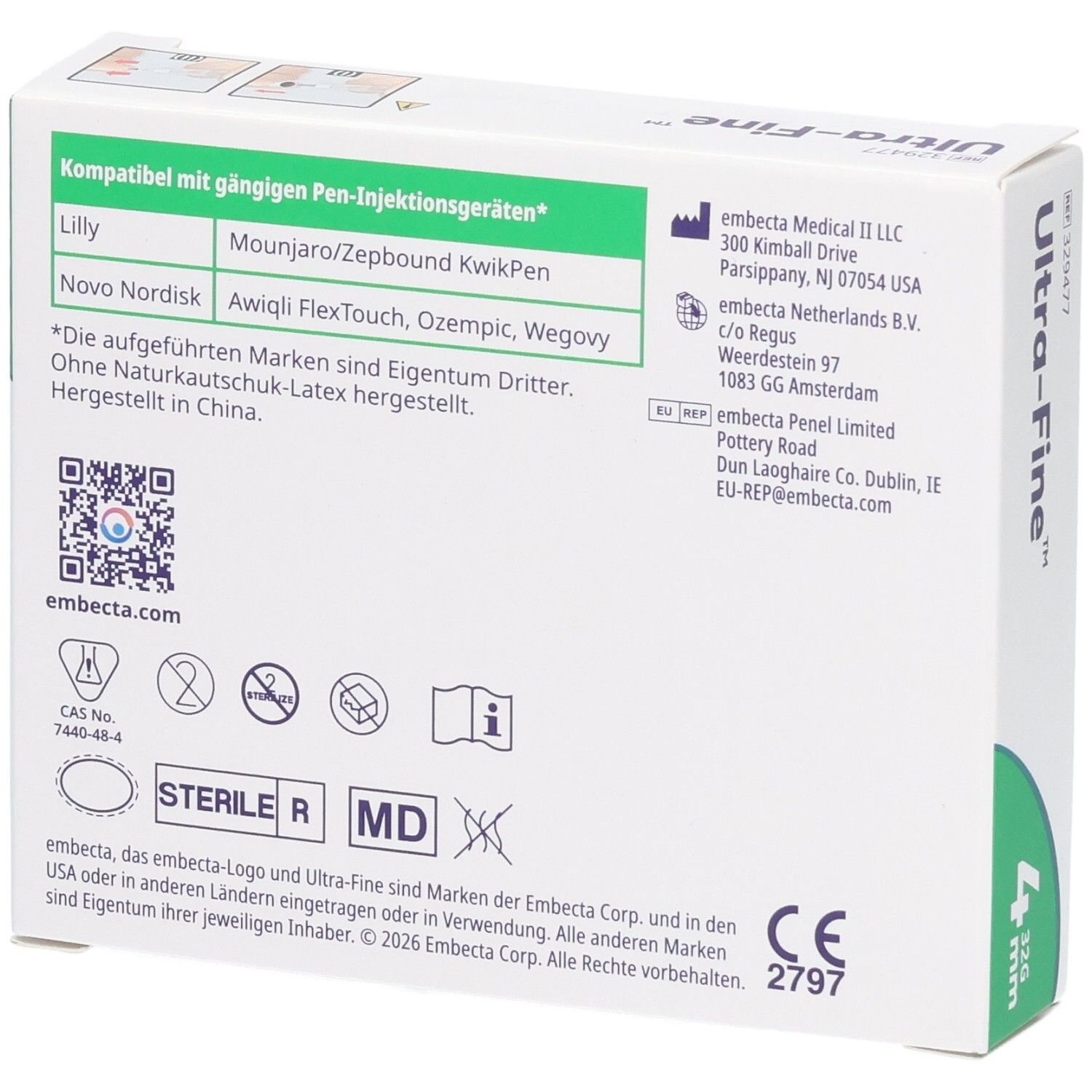 Verpackung für Injektionsnadeln, kompatibel mit gängigen Pen-Injektionsgeräten. Enthält CE- und MD-Siegel.