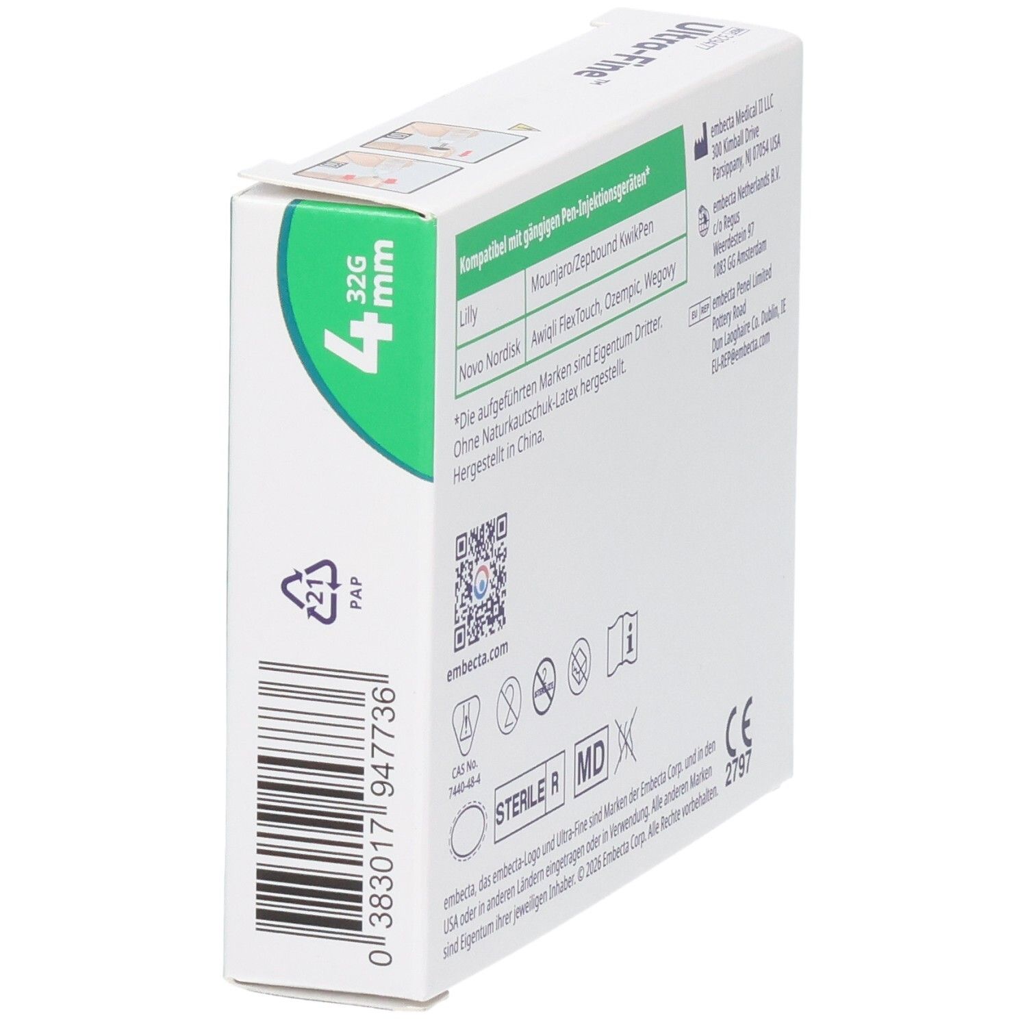 Verpackung für 4mm, 32G Pen-Nadeln. Enthält 5 sterile Nadeln.