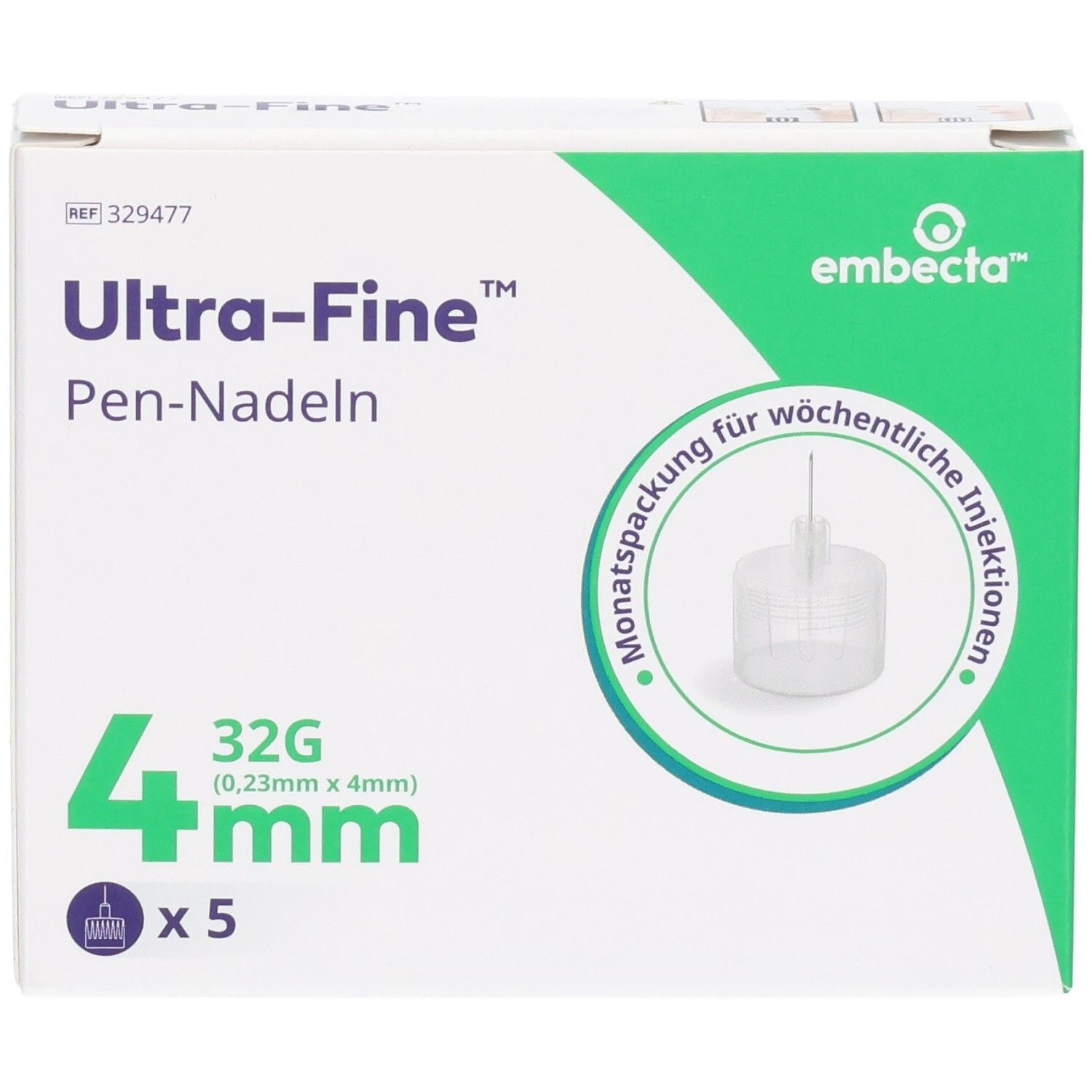 Verpackung für 4mm, 32G Pen-Nadeln. Enthält 5 sterile Nadeln.
