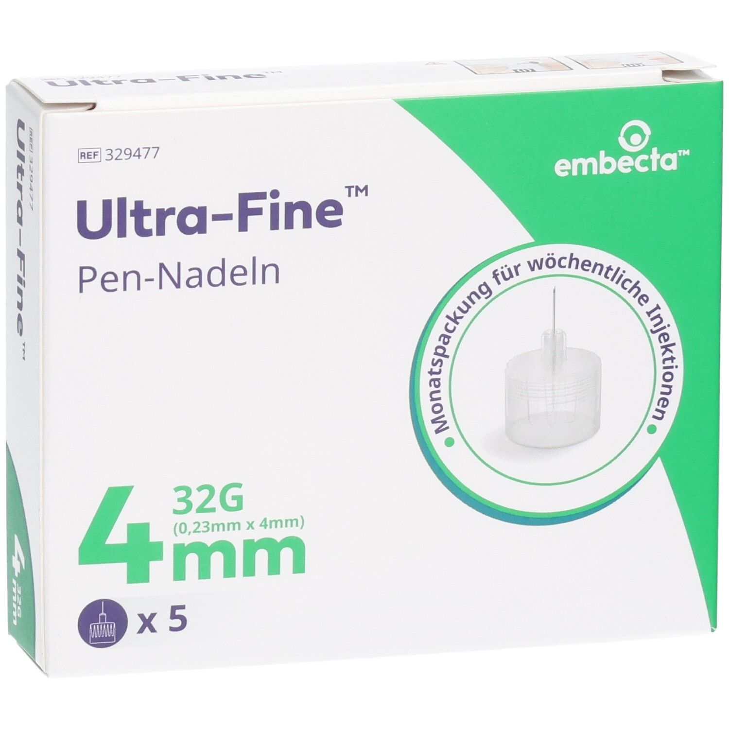 Verpackung für Ultra-Fine Pen-Nadeln, 32G, 4mm, 5 Stück.