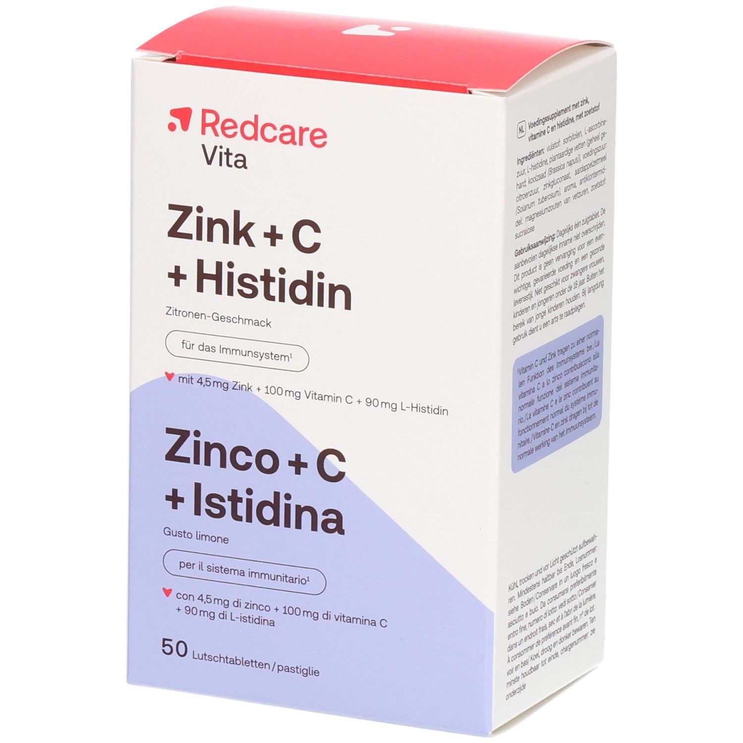 Redcare Vita Zink + C + Histidin Lutschtabletten-Verpackung, Zitronen-Geschmack, für das Immunsystem.
