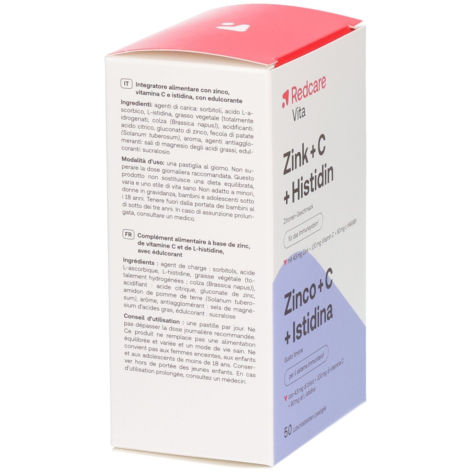 Rückseite der Redcare Vita Zink + C + Histidin Verpackung mit Zutatenliste und Nährwertangaben.