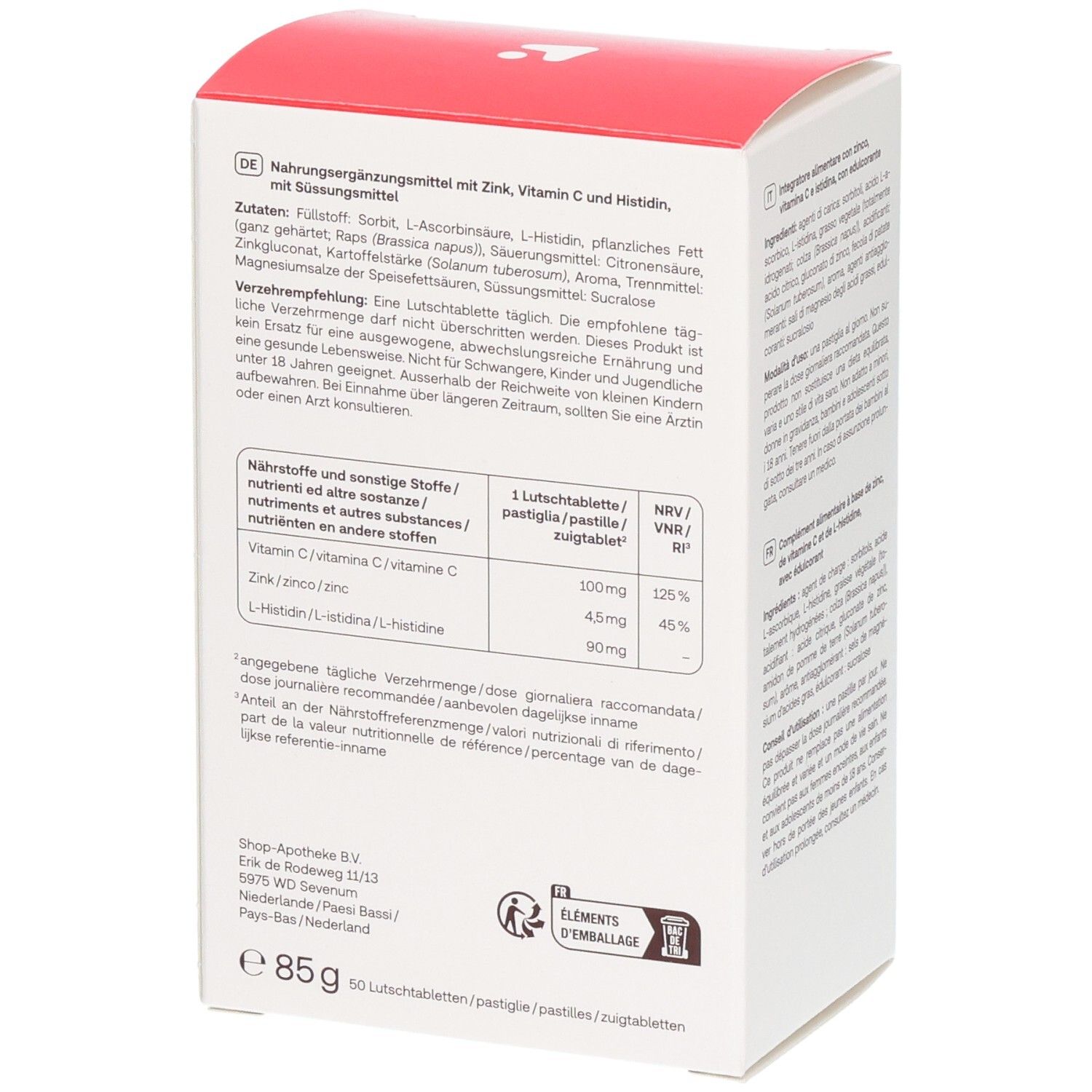 Seitenansicht der Redcare Vita Zink + C + Histidin Verpackung mit detaillierten Nährwertangaben.