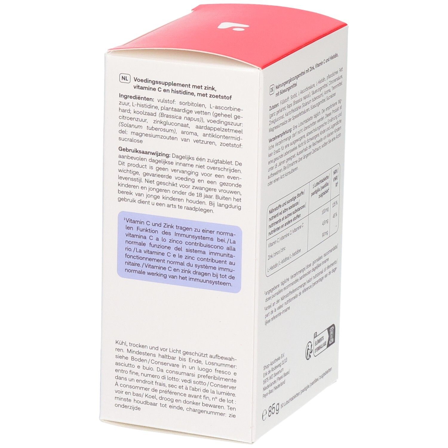 Seitenansicht der Redcare Vita Zink + C + Histidin Verpackung mit Hinweisen zur Lagerung und Anwendung.