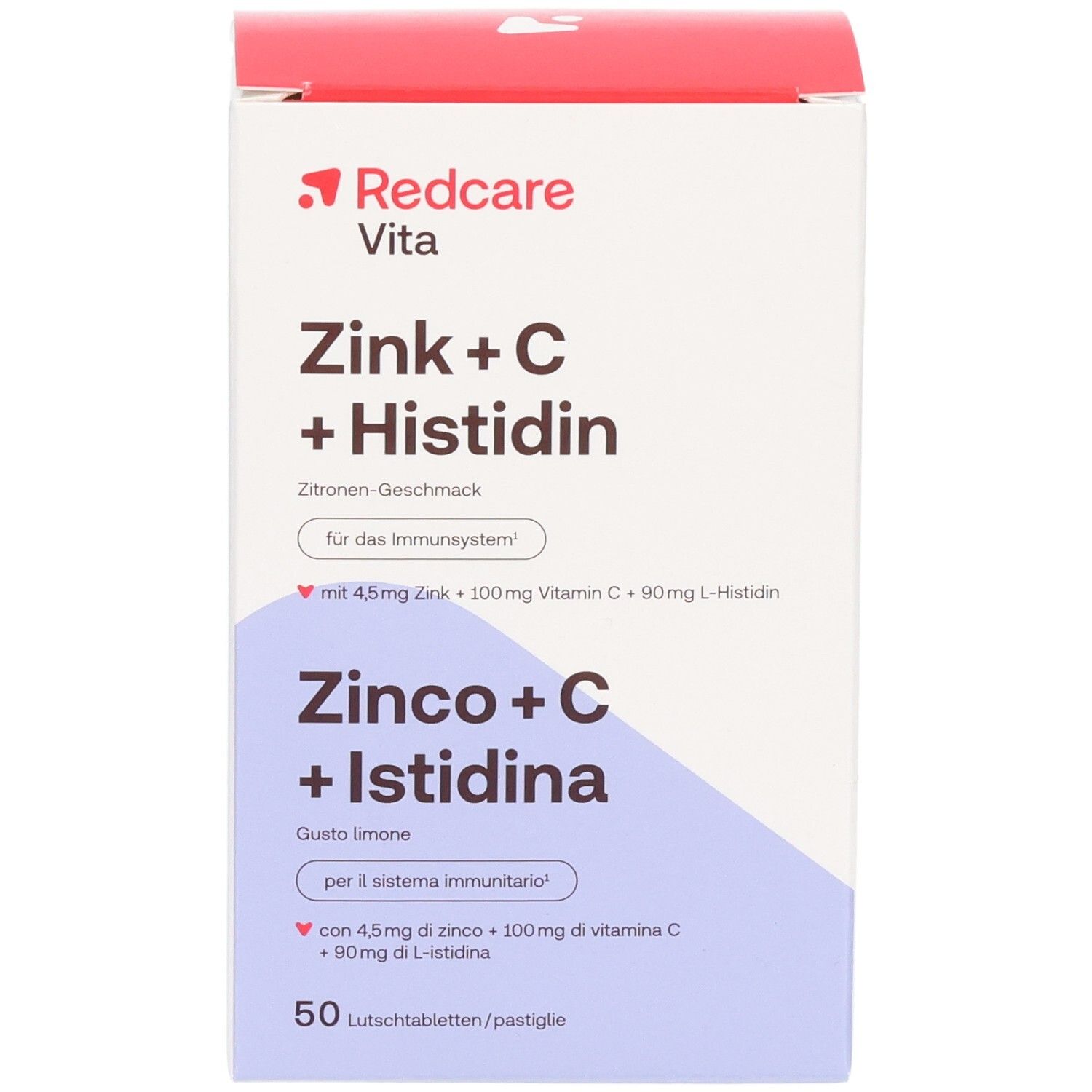 Vorderseite der Redcare Vita Zink + C + Histidin Verpackung, Zitronen-Geschmack, 50 Lutschtabletten.