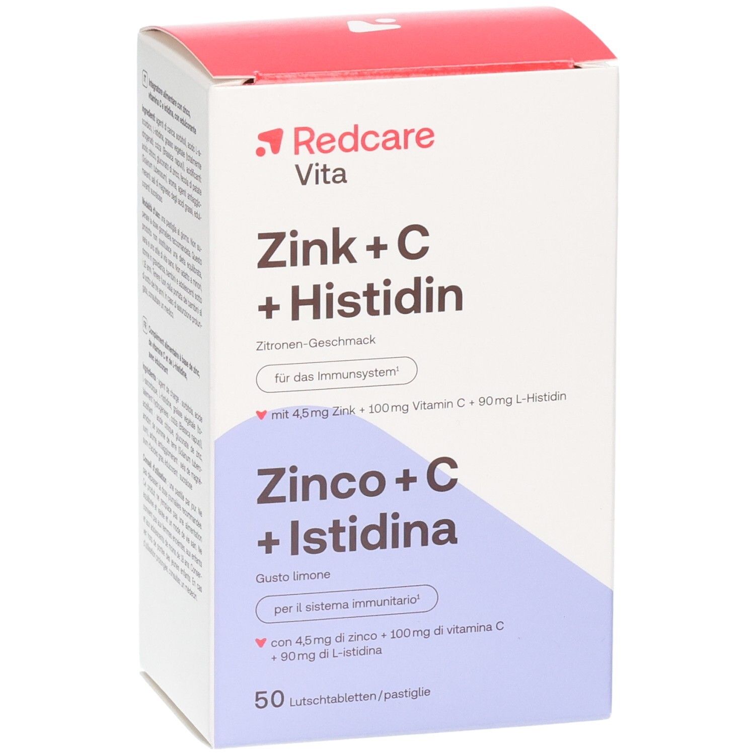 Redcare Vita Zink + C + Histidin Verpackung, Zitronen-Geschmack, für das Immunsystem, 50 Lutschtabletten.