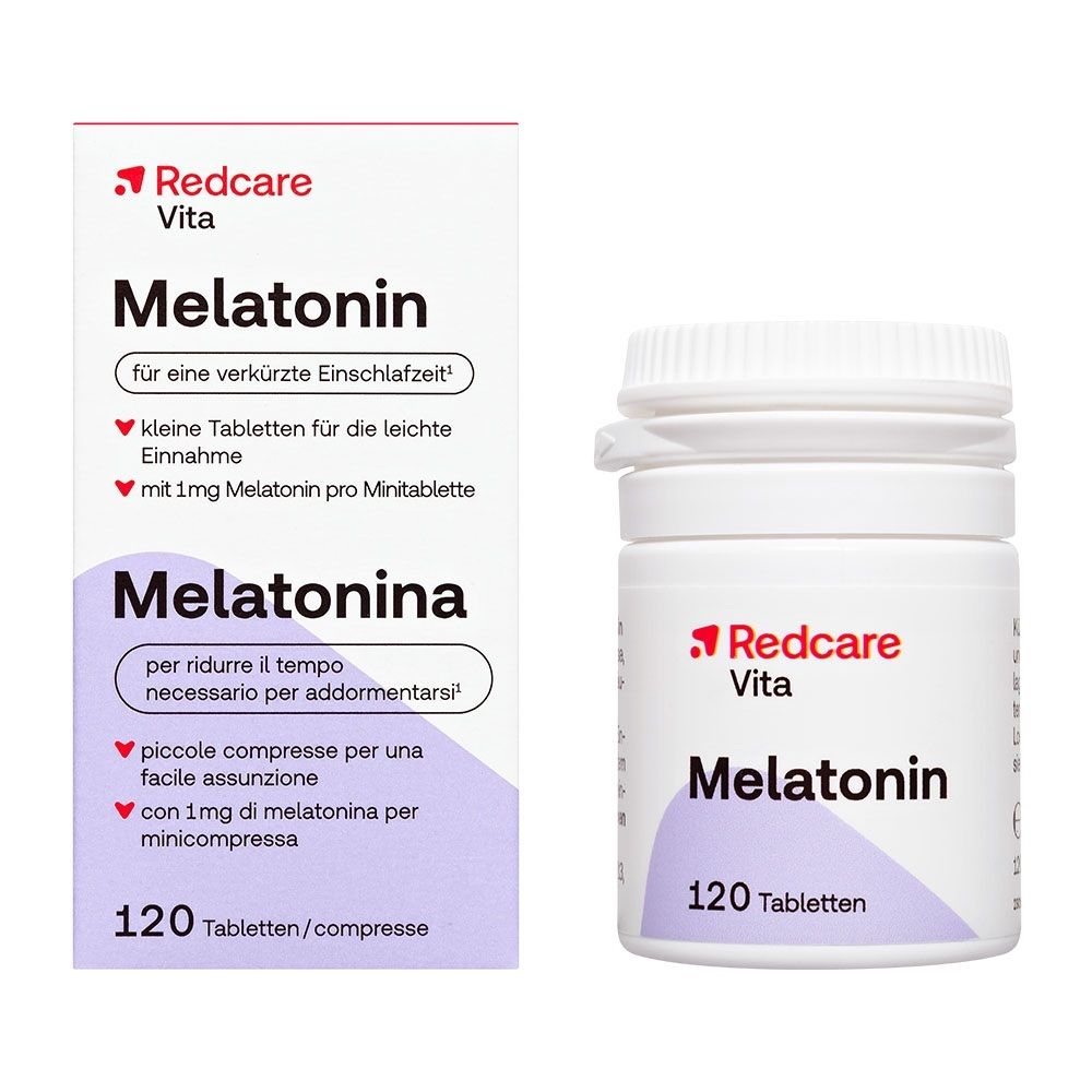 Redcare Melatonin 120 Tabletten: Kartonverpackung und weiße Flasche mit Tabletten.