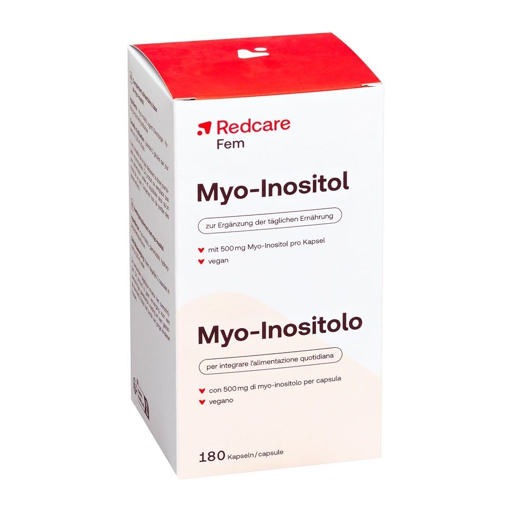Redcare Myo-Inositol 180 Kapseln: Kartonverpackung mit Produktinformationen.