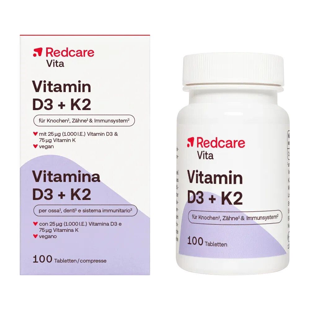 Redcare Vita Vitamin D3 + K2: Karton und Flasche mit 100 Tabletten.