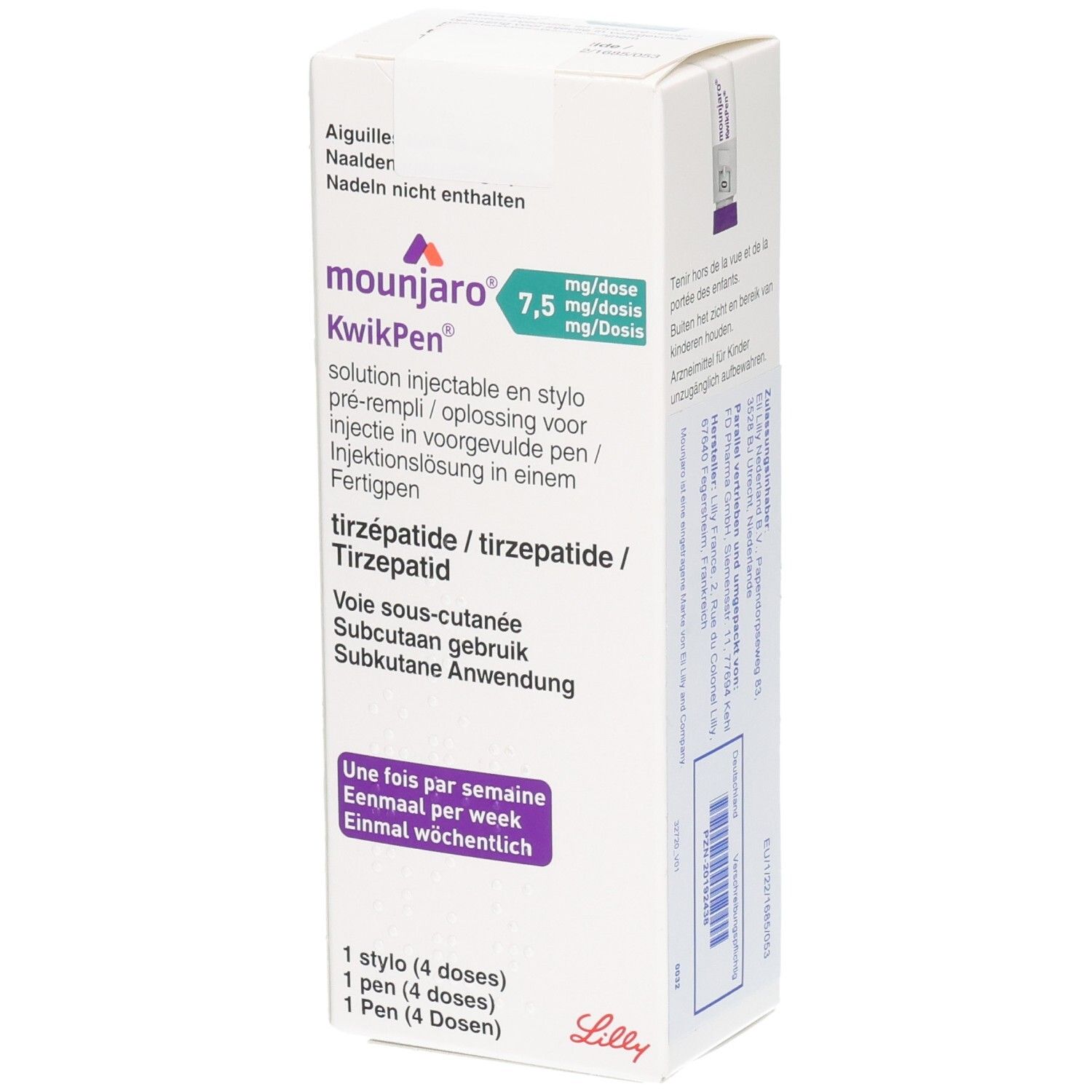Karton von Mounjaro KwikPen, 7,5 mg/Dosis. Enthält 1 Pen mit 4 Dosen. Beschriftung in Deutsch, Französisch, Italienisch und Niederländisch.
