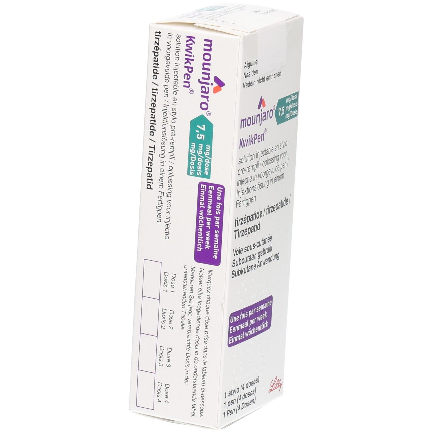 Schräg gestellte Verpackung von Mounjaro KwikPen, 7,5 mg/Dosis. Beschriftung in Deutsch, Französisch, Italienisch und Niederländisch.
