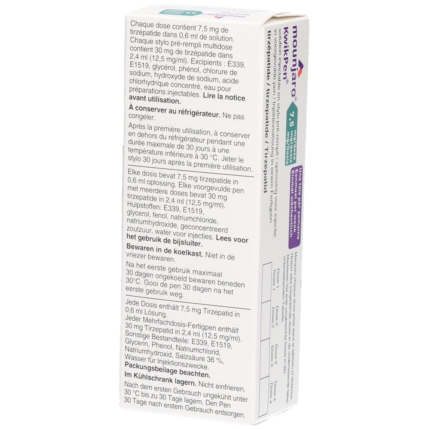 Rückseite der Mounjaro KwikPen-Verpackung. Text in Deutsch, Französisch, Italienisch und Niederländisch. Enthält Informationen zur Anwendung.