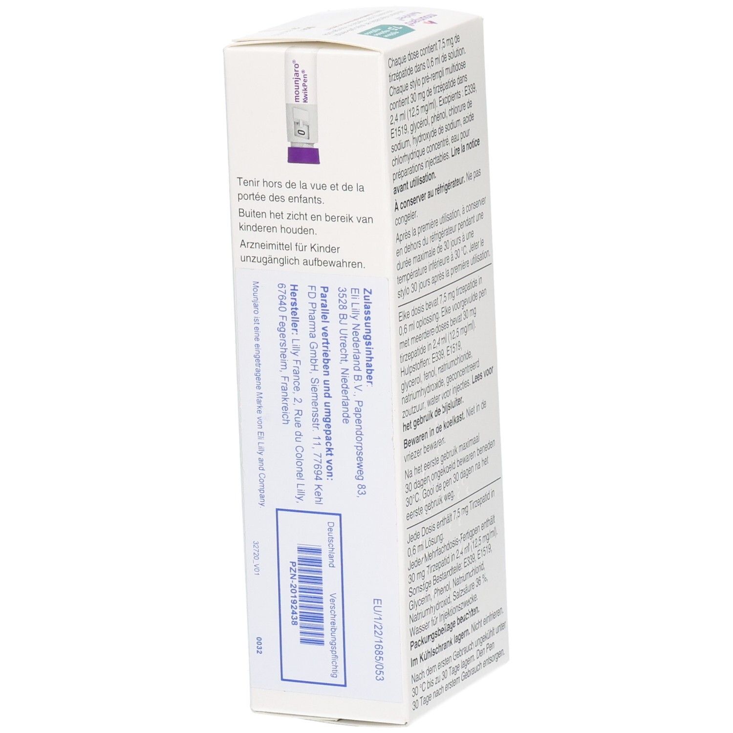 Seitenansicht der Mounjaro KwikPen-Verpackung. Text in Deutsch, Französisch, Italienisch und Niederländisch. Herstellerinformationen.