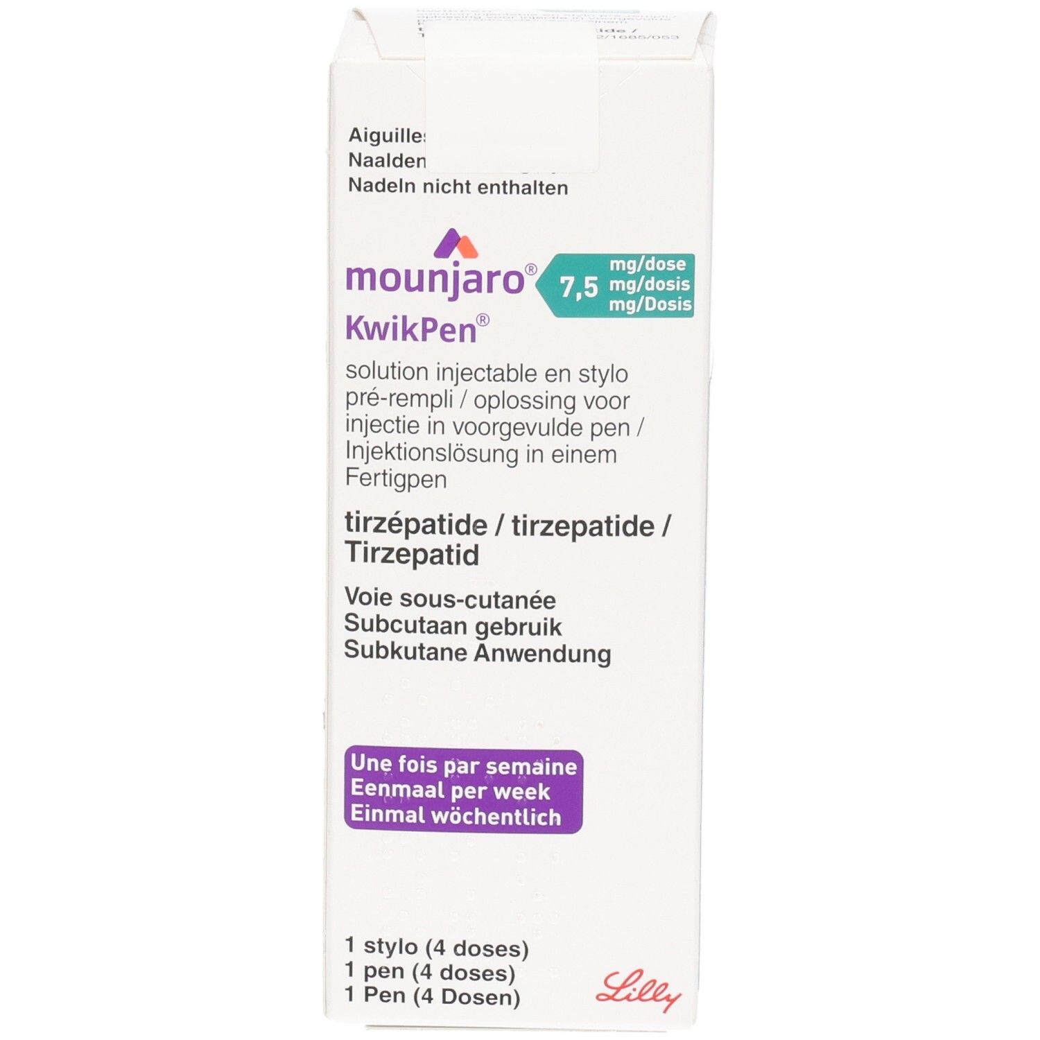 Karton von Mounjaro KwikPen, 7,5 mg/Dosis. Enthält 1 Pen mit 4 Dosen. Beschriftung in Deutsch, Französisch, Italienisch und Niederländisch.