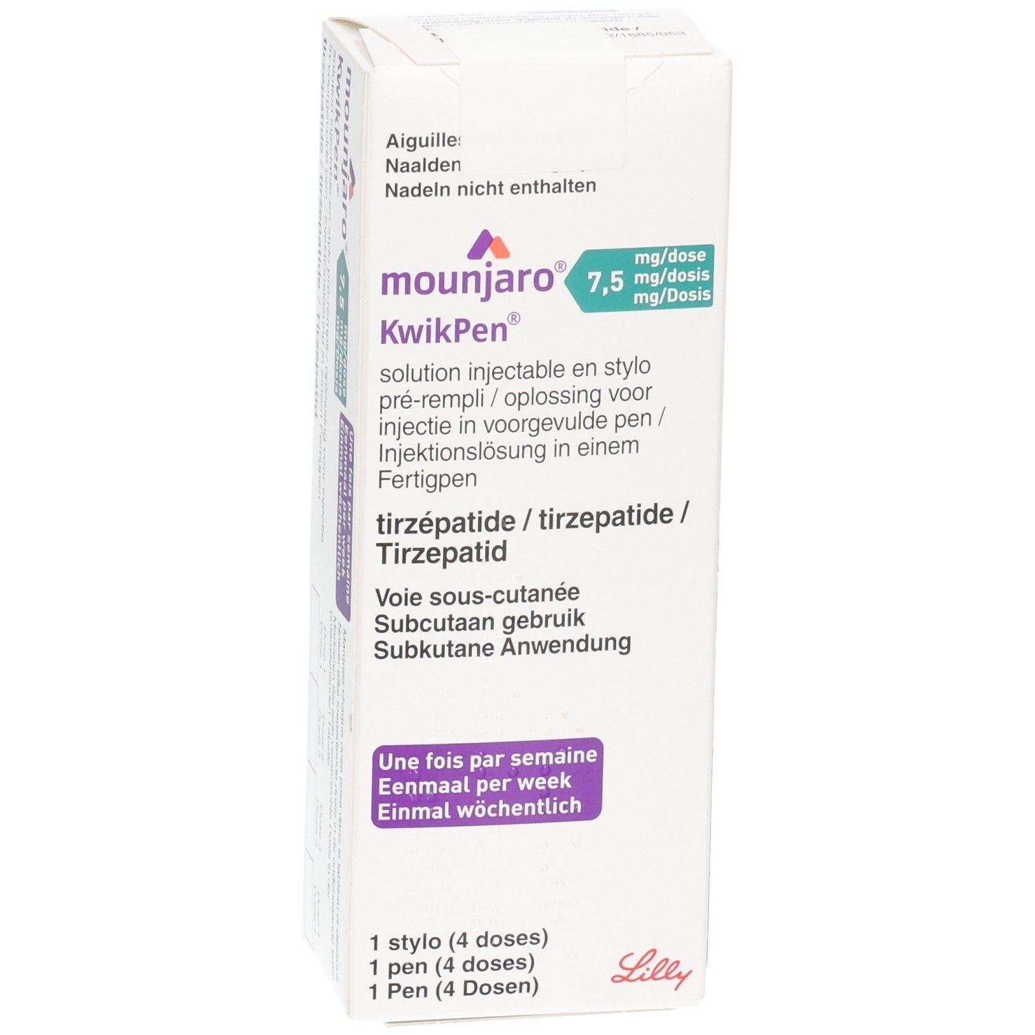 Karton von Mounjaro KwikPen, 7,5 mg/Dosis. Enthält 1 Pen mit 4 Dosen. Beschriftung in Deutsch, Französisch, Italienisch und Niederländisch.