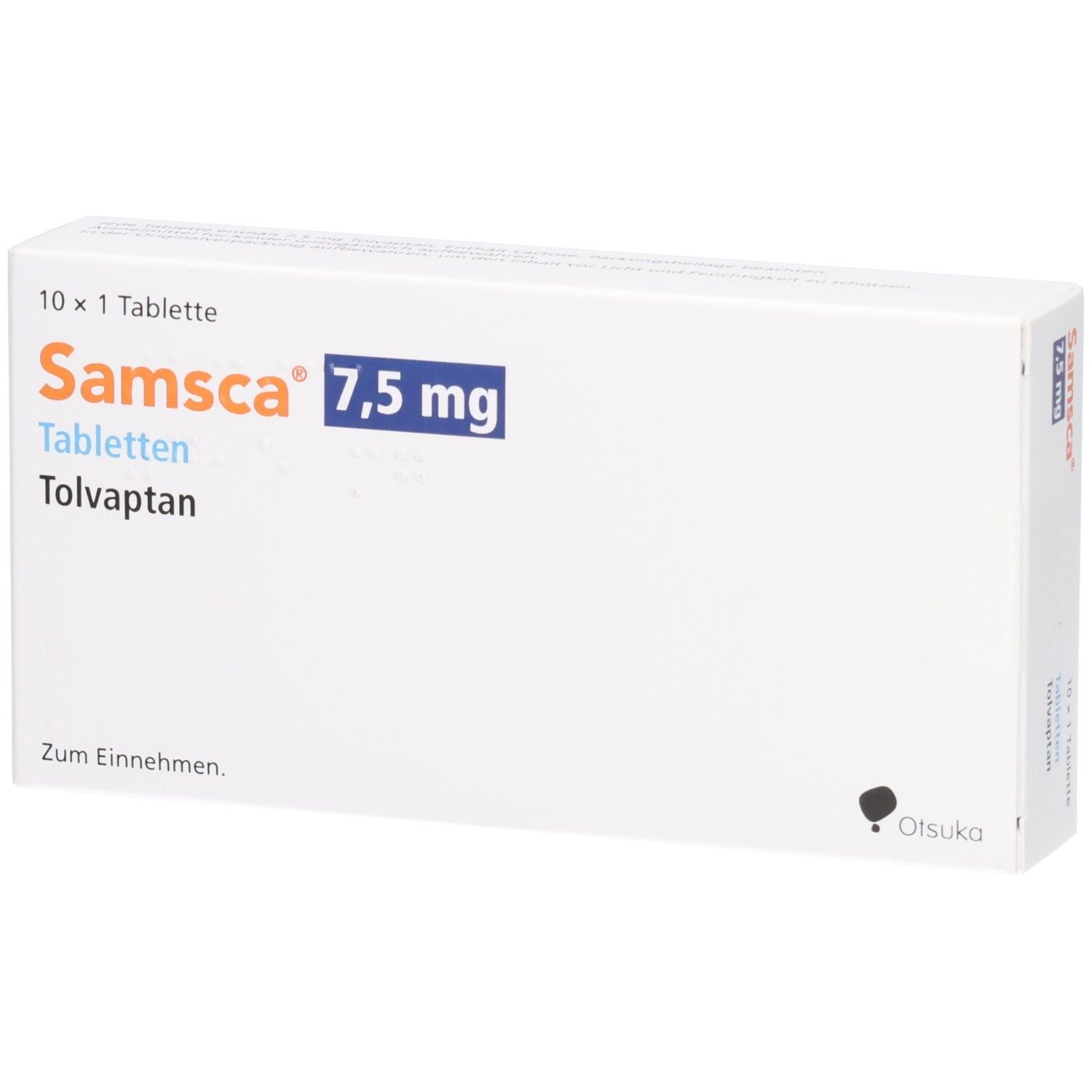 Weiße Schachtel mit SAMSCA 7,5 mg Tabletten. Aufschrift: 10 x 1 Tablette, Tolvaptan. Otsuka-Logo.
