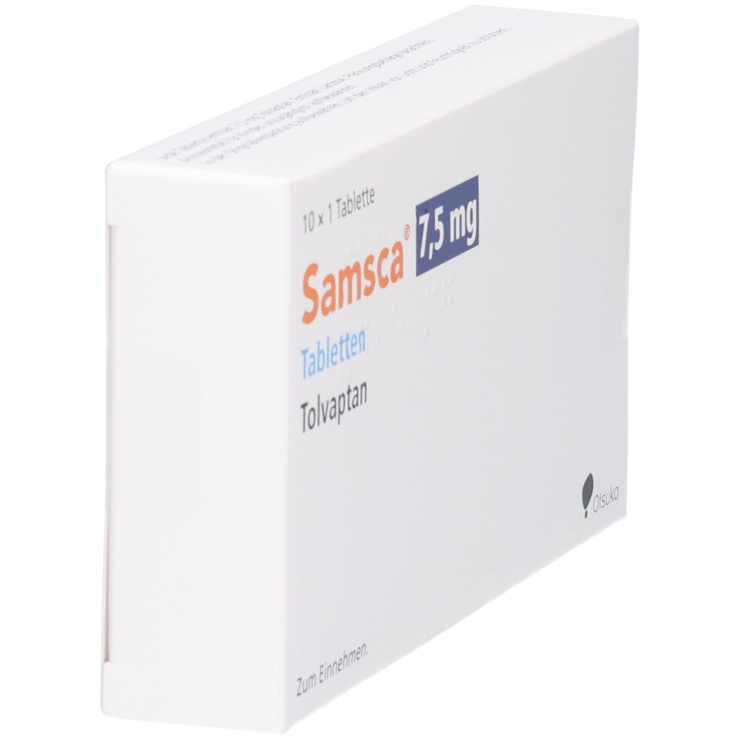 Weiße SAMSCA-Schachtel, 7,5 mg Tabletten. Aufschrift: 10 x 1 Tablette, Tolvaptan. Otsuka-Logo.
