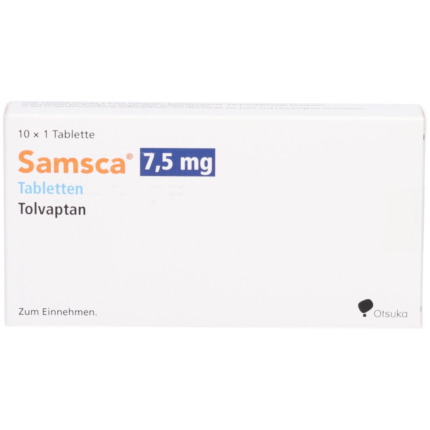 Weiße Schachtel mit SAMSCA 7,5 mg Tabletten. Aufschrift: 10 x 1 Tablette, Tolvaptan. Otsuka-Logo.