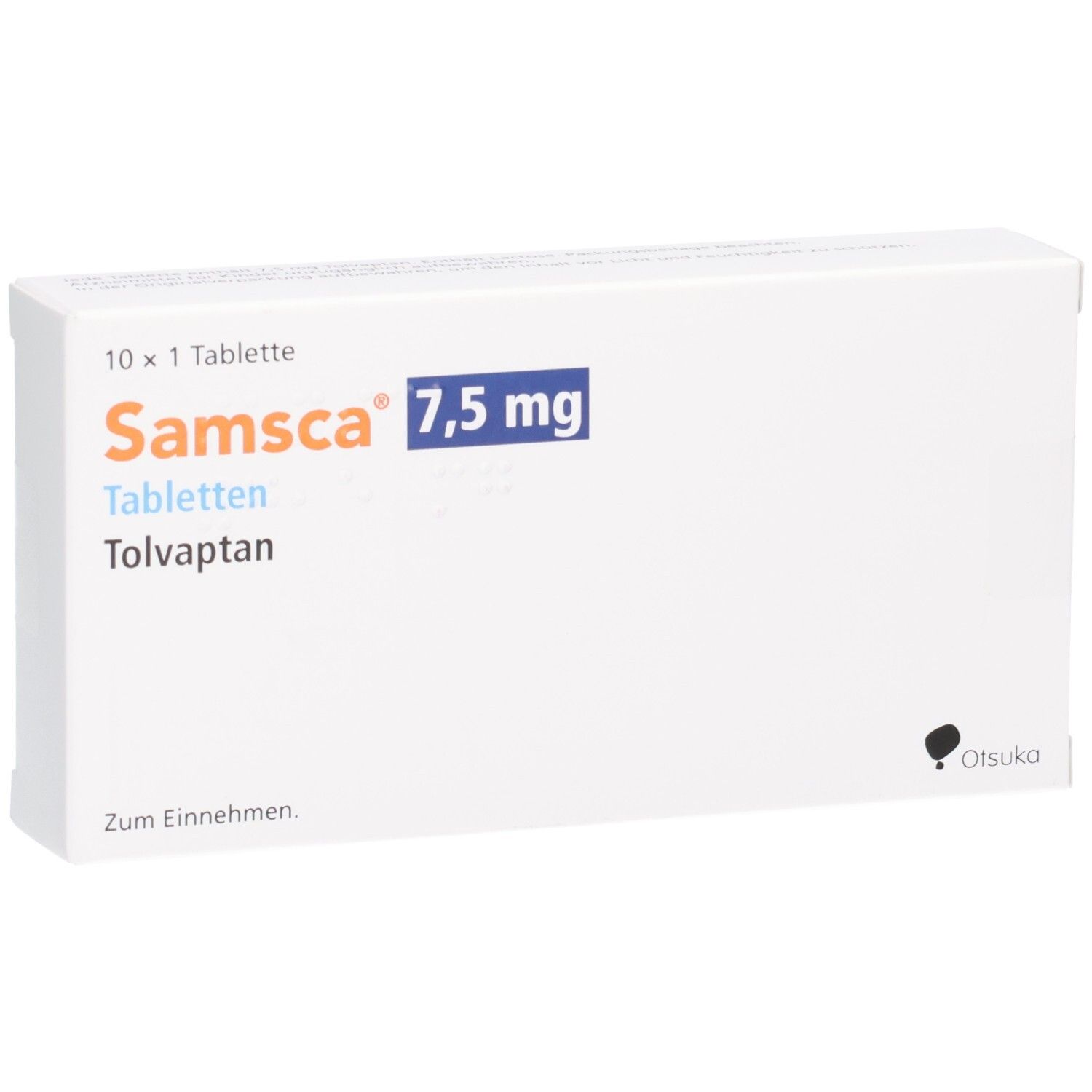 Weiße Schachtel mit SAMSCA 7,5 mg Tabletten. Aufschrift: 10 x 1 Tablette, Tolvaptan. Otsuka-Logo.