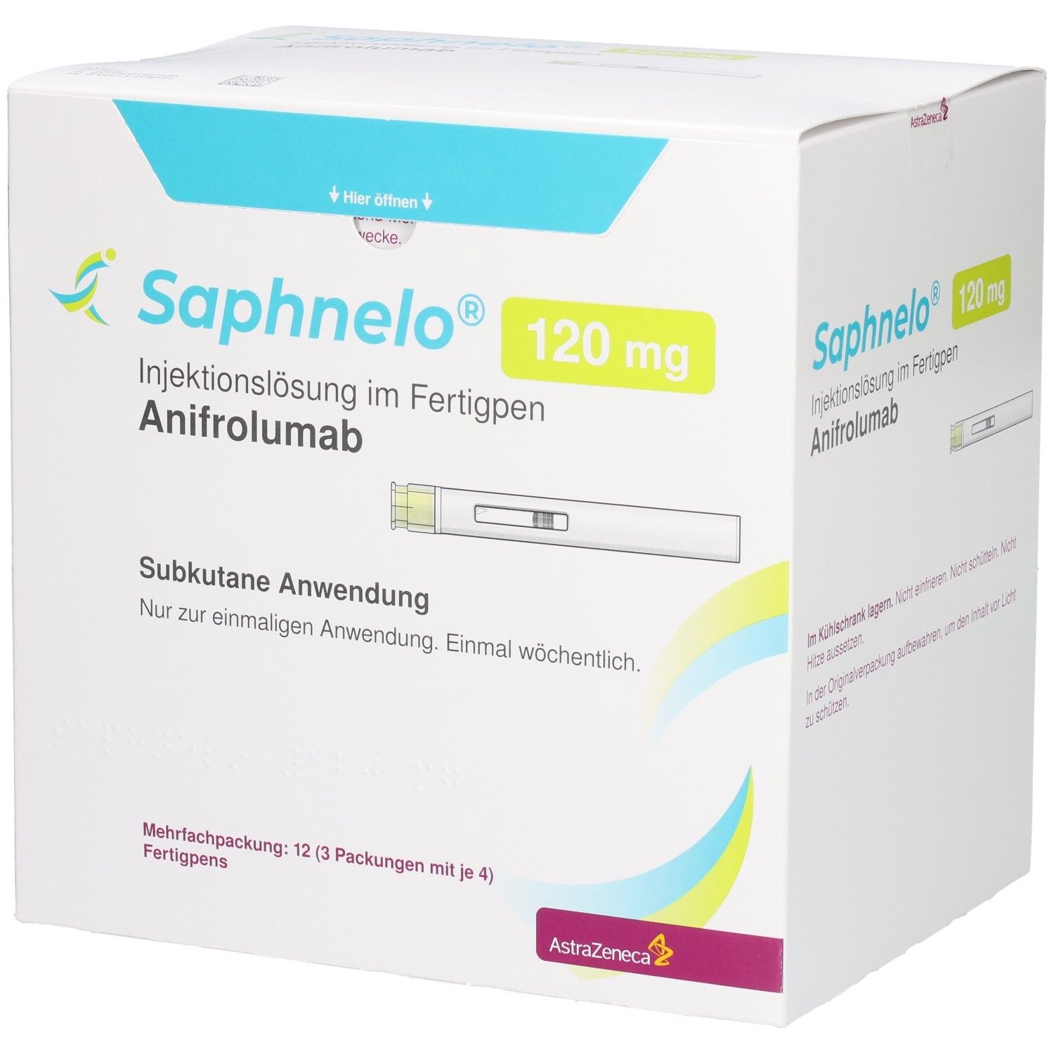 Saphnelo 120 mg Injektionslösung im Fertigpen, Subkutane Anwendung. Mehrfachpackung: 12 Fertigpens.