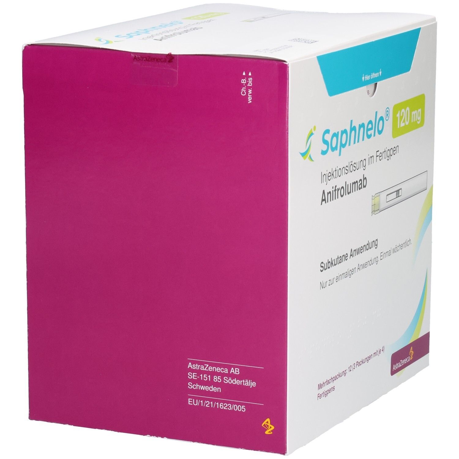 Saphnelo 120 mg Injektionslösung im Fertigpen, Subkutane Anwendung. Rückseite mit Herstellerangaben und Zulassungsinformationen.