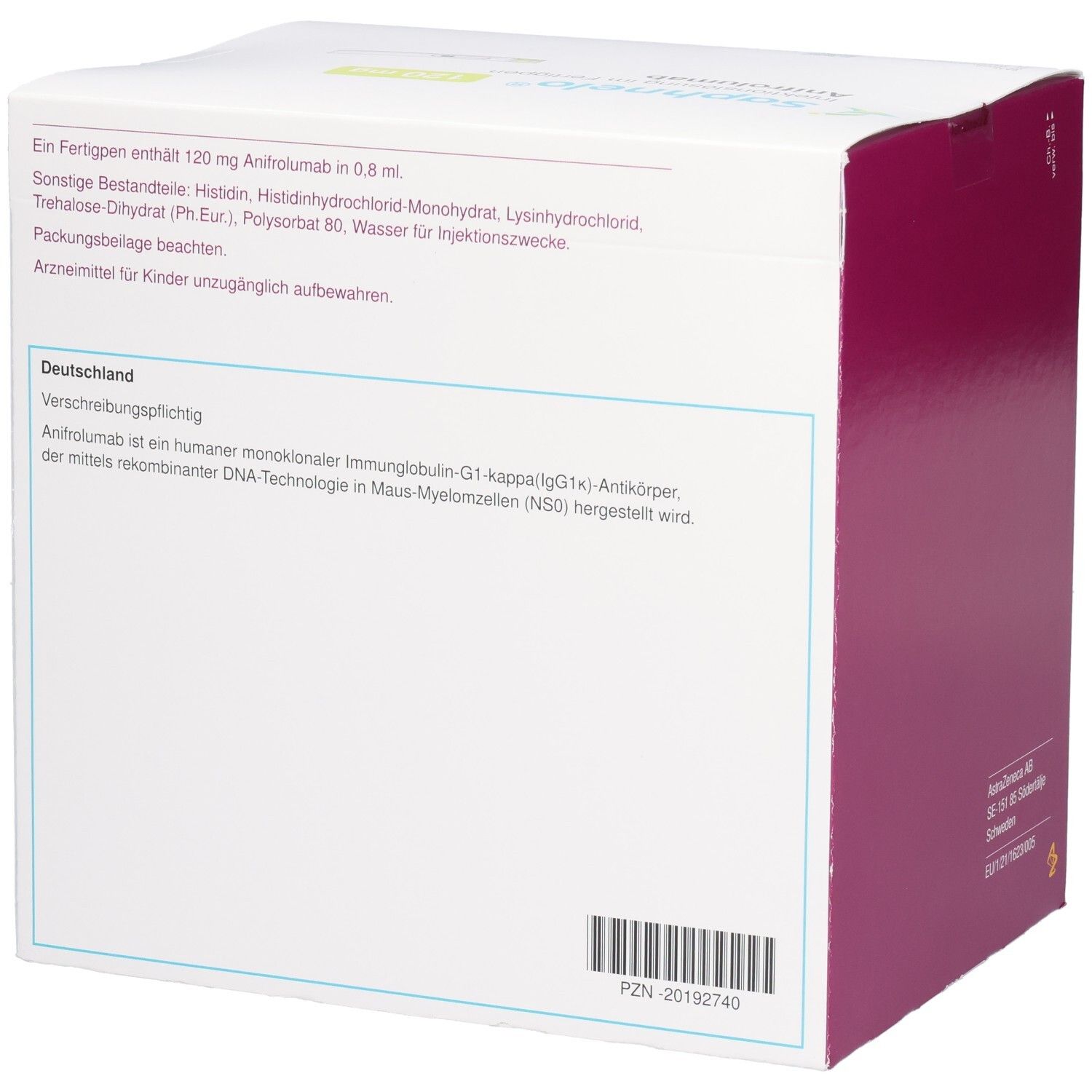Saphnelo 120 mg Injektionslösung im Fertigpen, Subkutane Anwendung. Enthält Anifrolumab. Lagerung im Kühlschrank.