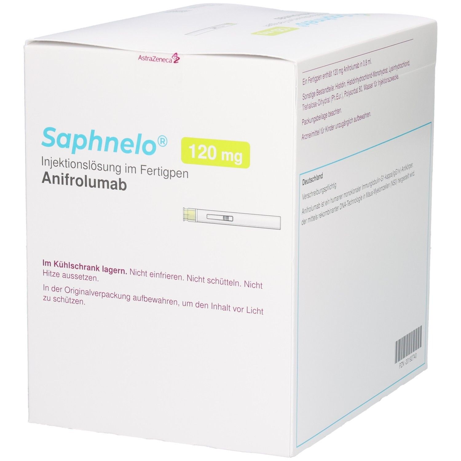 Saphnelo 120 mg Injektionslösung im Fertigpen, Subkutane Anwendung. Enthält Anifrolumab. Schutz vor Licht.