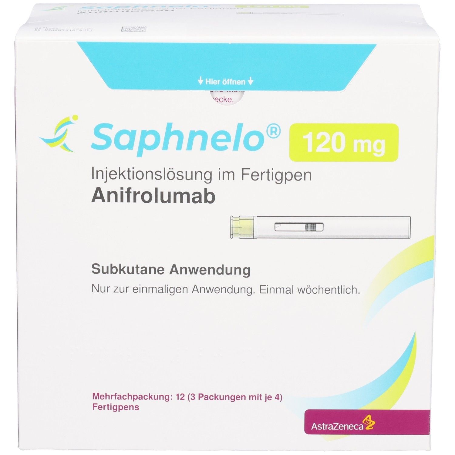 Saphnelo 120 mg Injektionslösung im Fertigpen, Subkutane Anwendung. Mehrfachpackung: 12 Fertigpens.