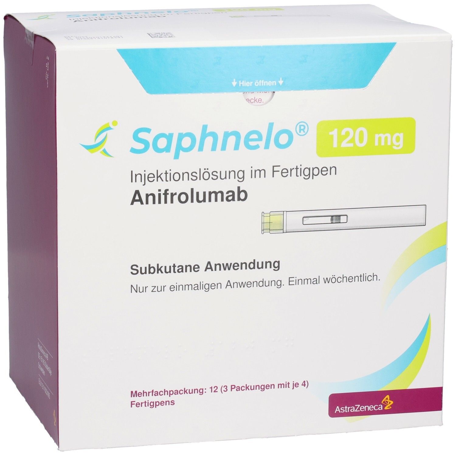 Saphnelo 120 mg Injektionslösung im Fertigpen, Subkutane Anwendung. Mehrfachpackung: 12 Fertigpens.